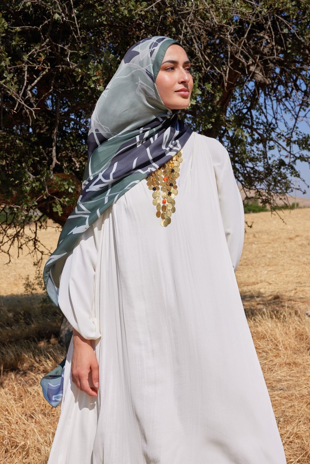 Turna Desen Sakura İpek Şal - Khaki