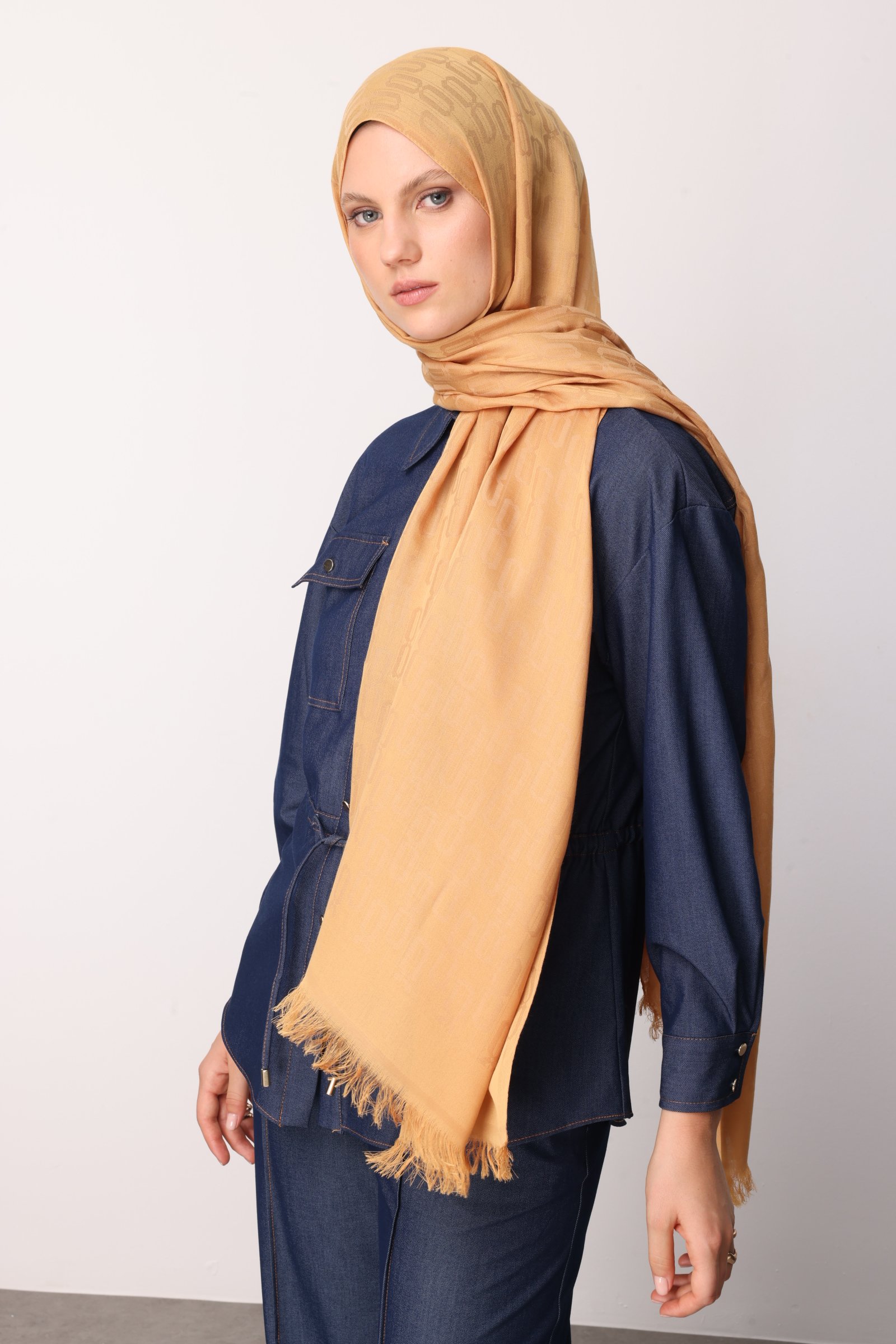 Chain Pattern Cotton Jacquard Shawl - Mustard