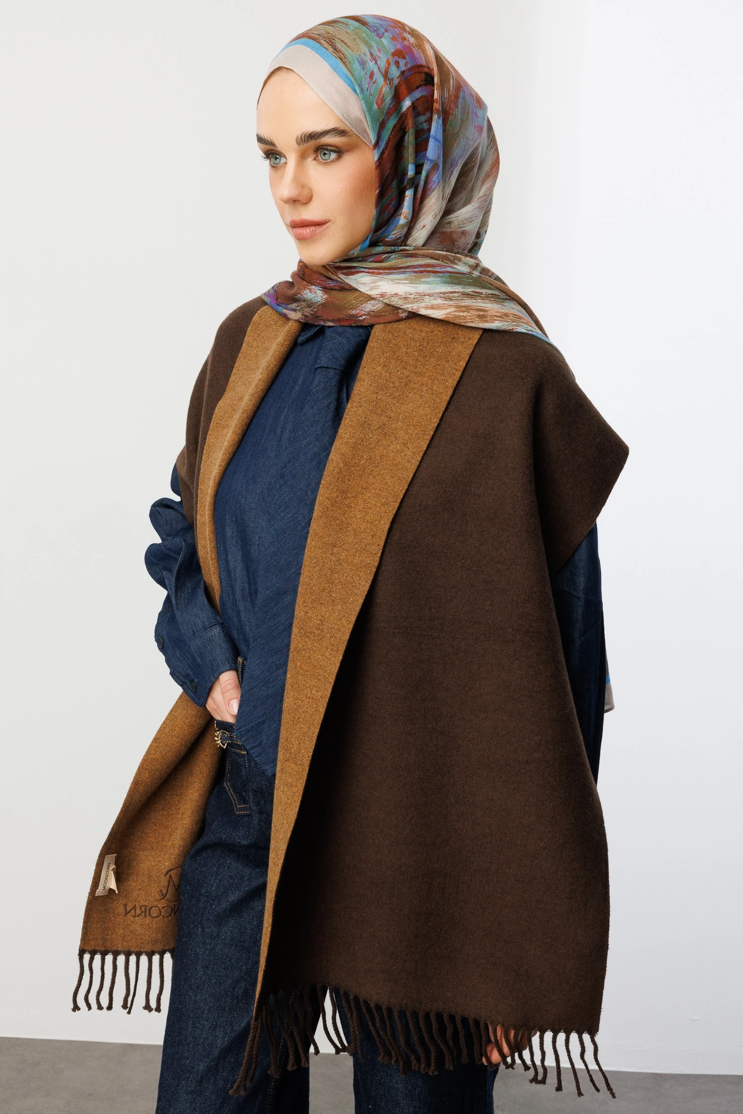 Çift Taraflı Yün Atkı - Kahverengi Bitter