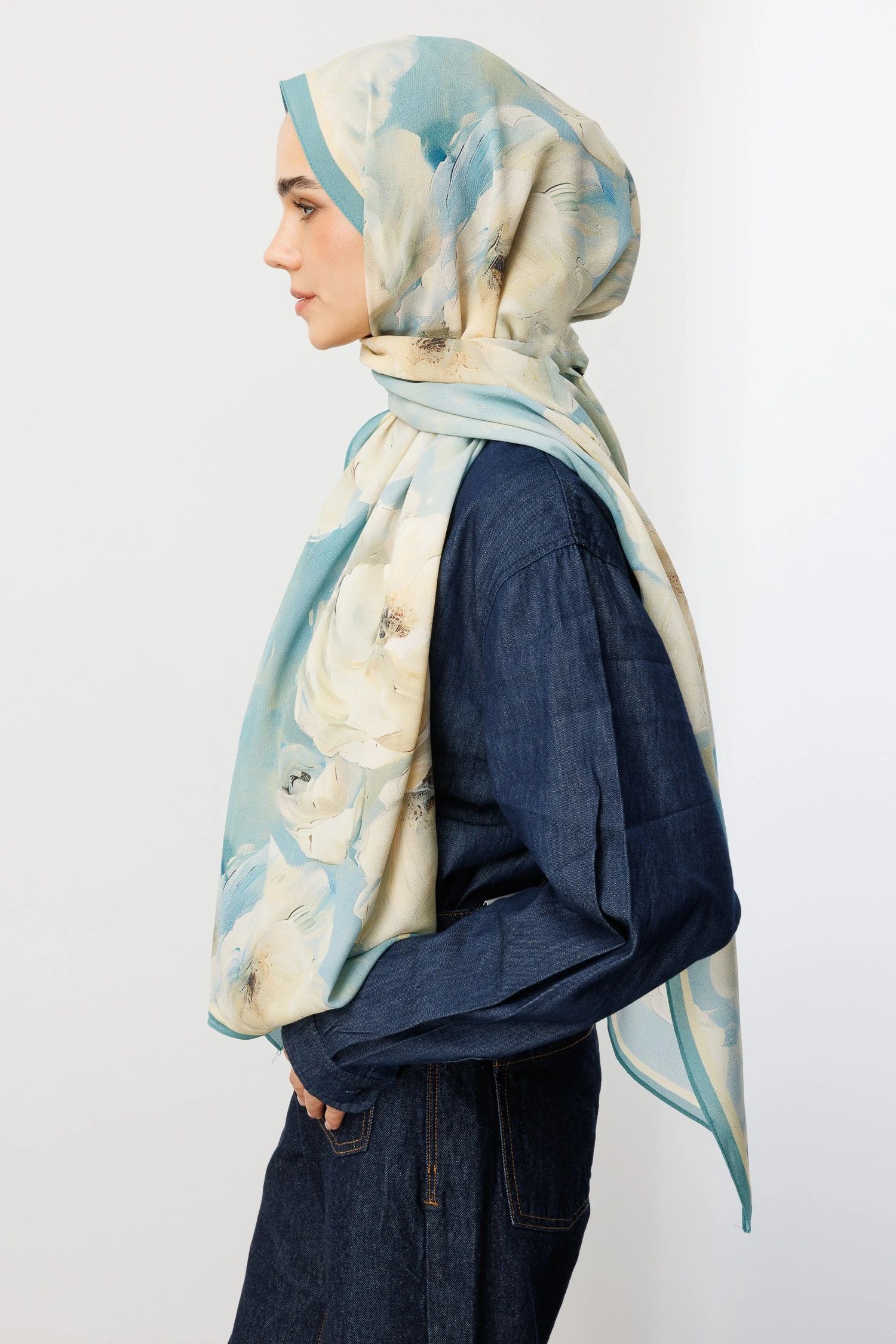 Rose Desen Hebei İpek Şal - Bebek Mavi