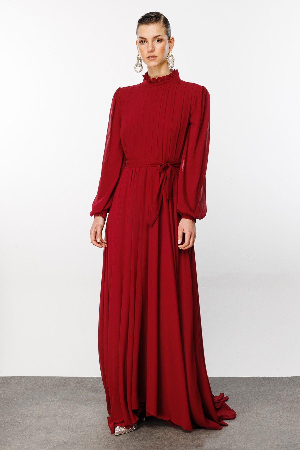 Pleated Organza Dress - Burgundy