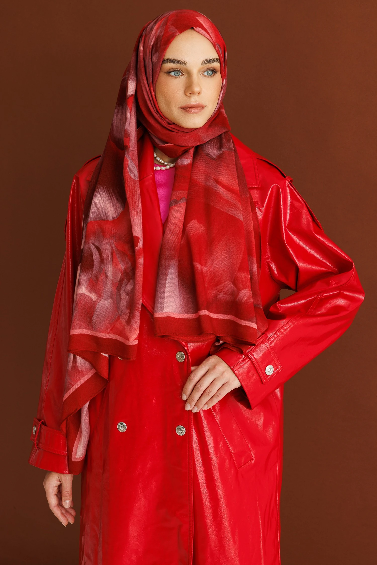 Fleur Desen Rami Şal - Burgundy