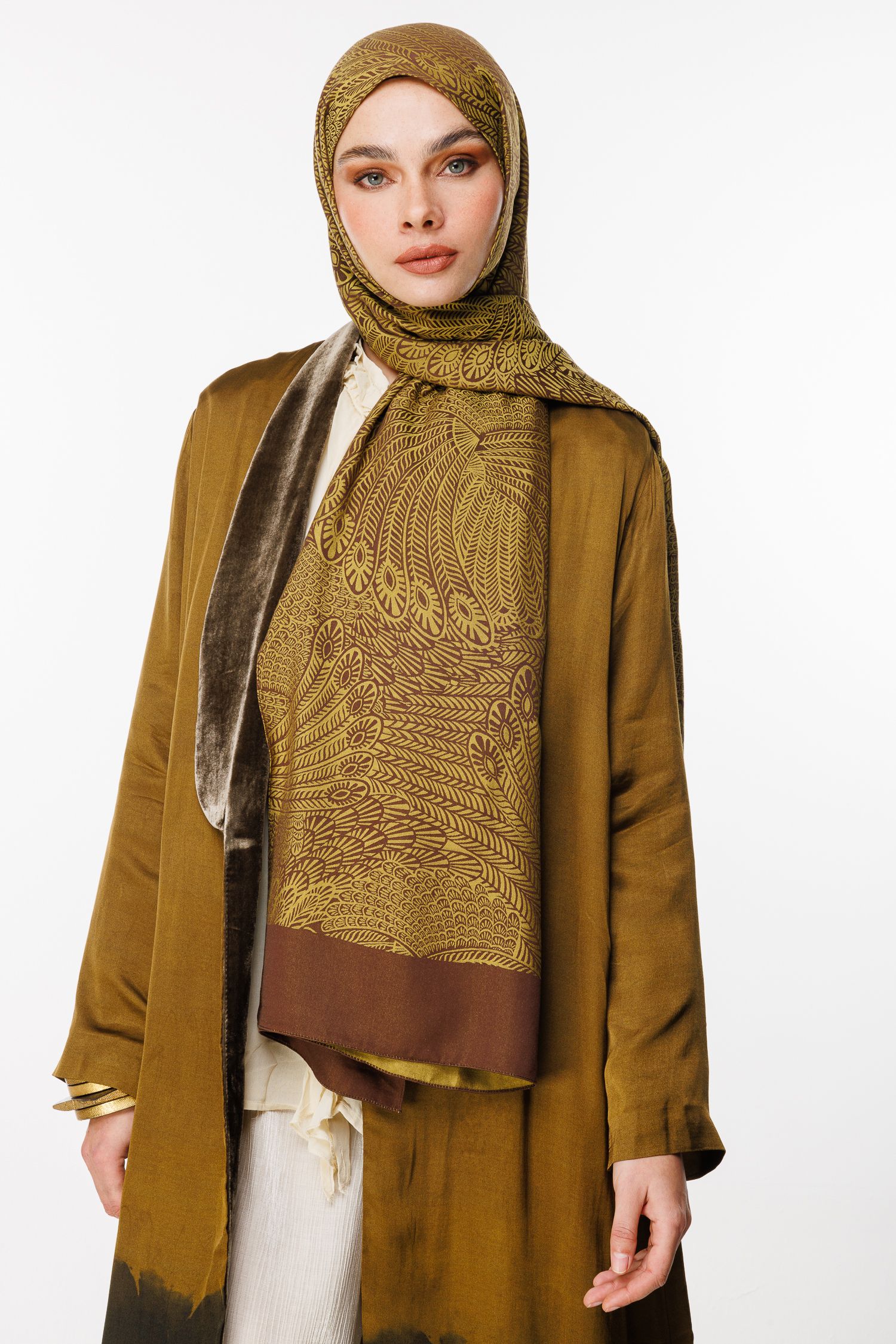 Mayra Pattern Double-Sided Shawl - Bitter Coffee-Salmon