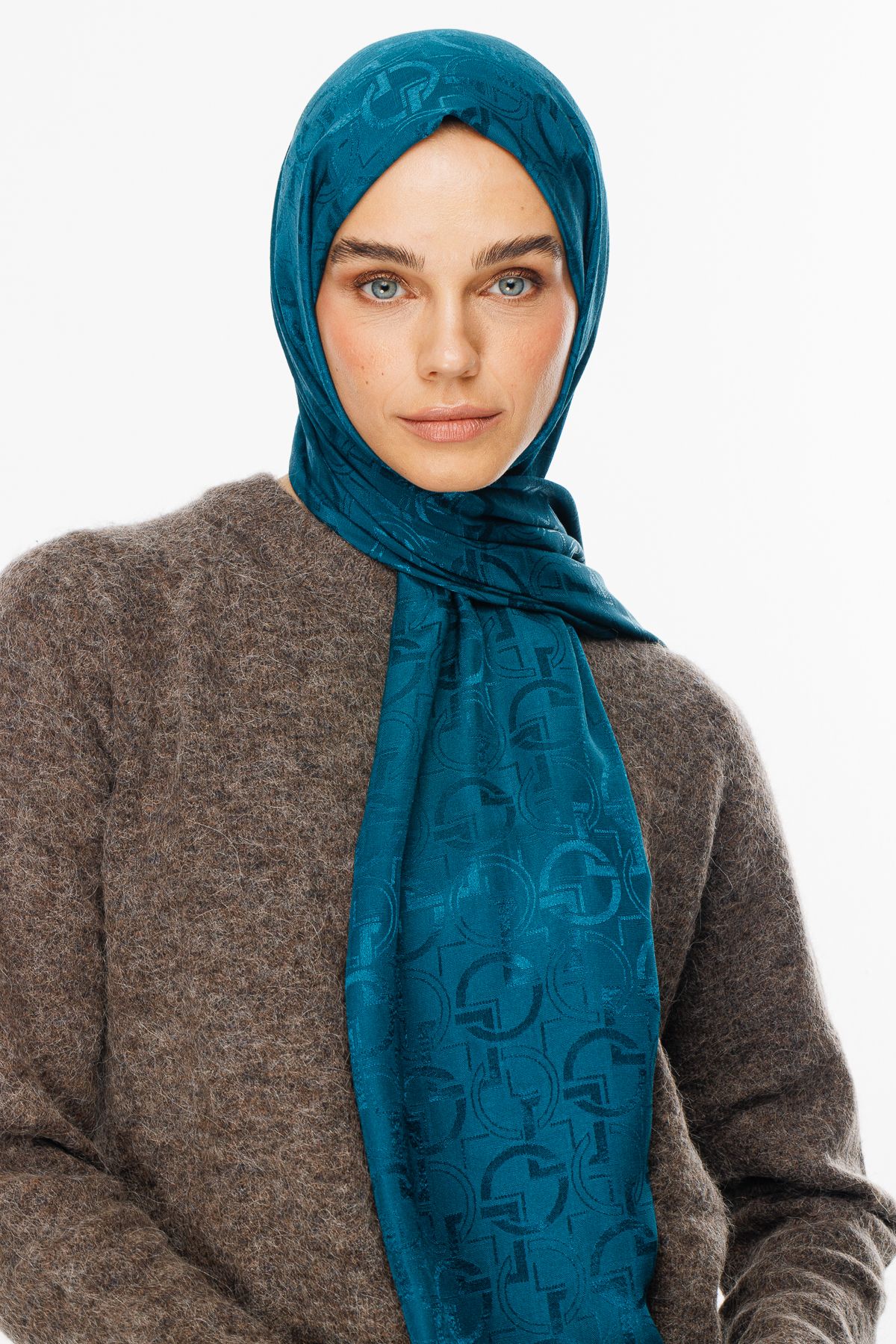 Longar Pattern Shiny Jacquard Shawl - Petrol blue