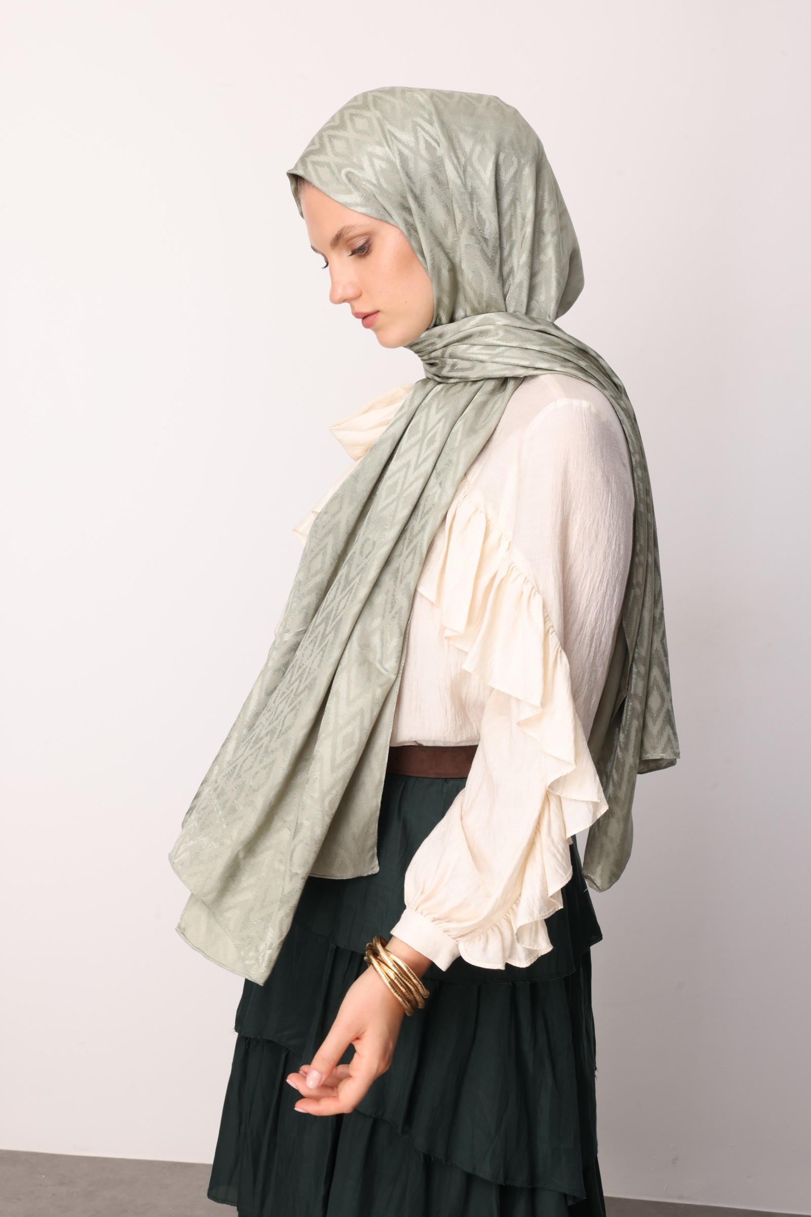 Shiny Check-Pattern Jacquard Shawl - Sage