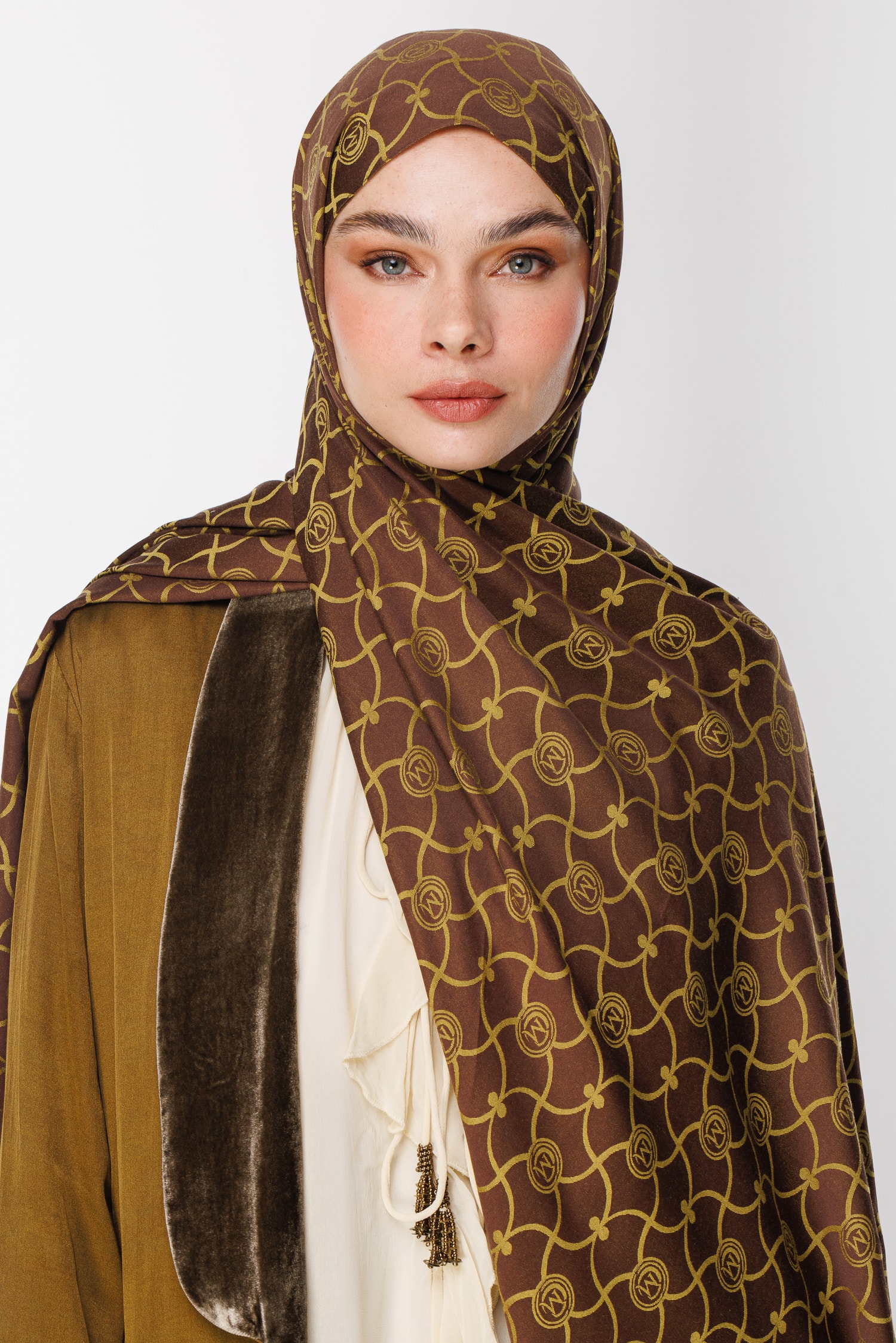 Marrakech-Pattern Reversible Shawl - Bitter Coffee-Salmon
