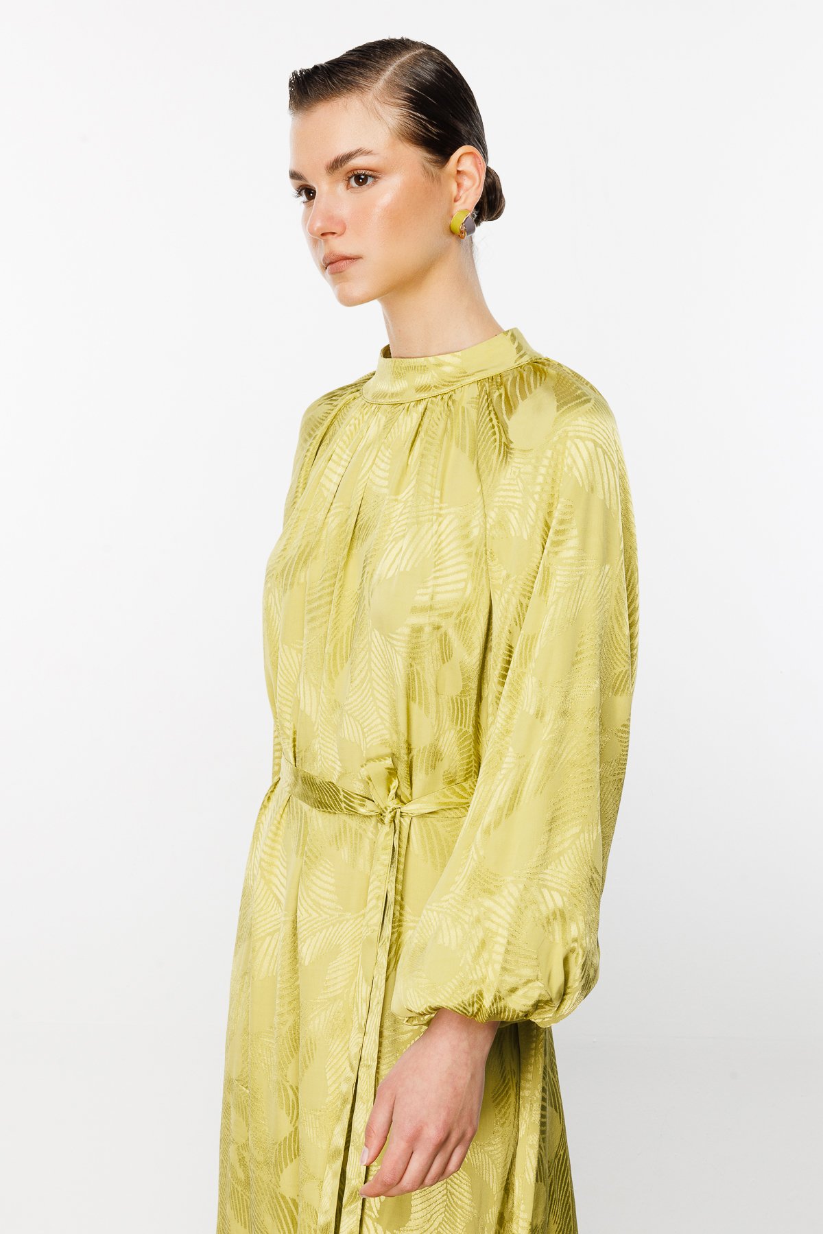 Jacquard Balloon Sleeve Dress - Olive Green