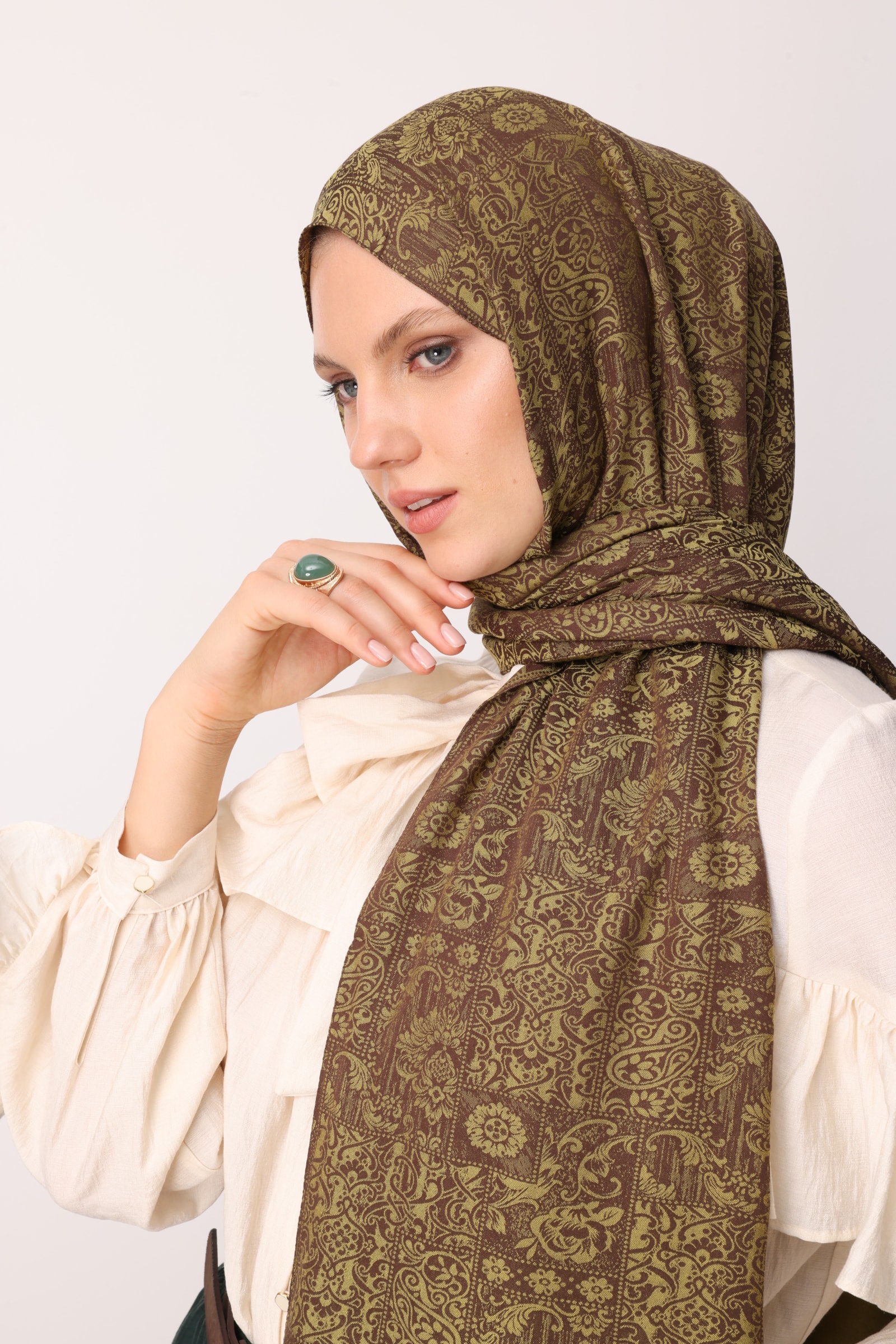 Henna Desen Çift Taraflı Şal - Acı Kahve-Somon