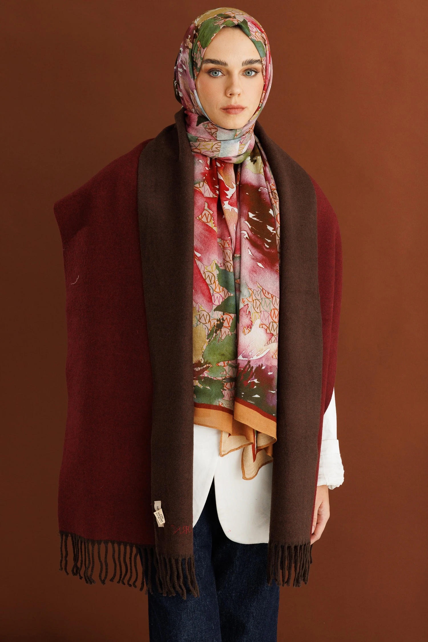 Çift Taraflı Yün Atkı - Acı Kahve Bordo