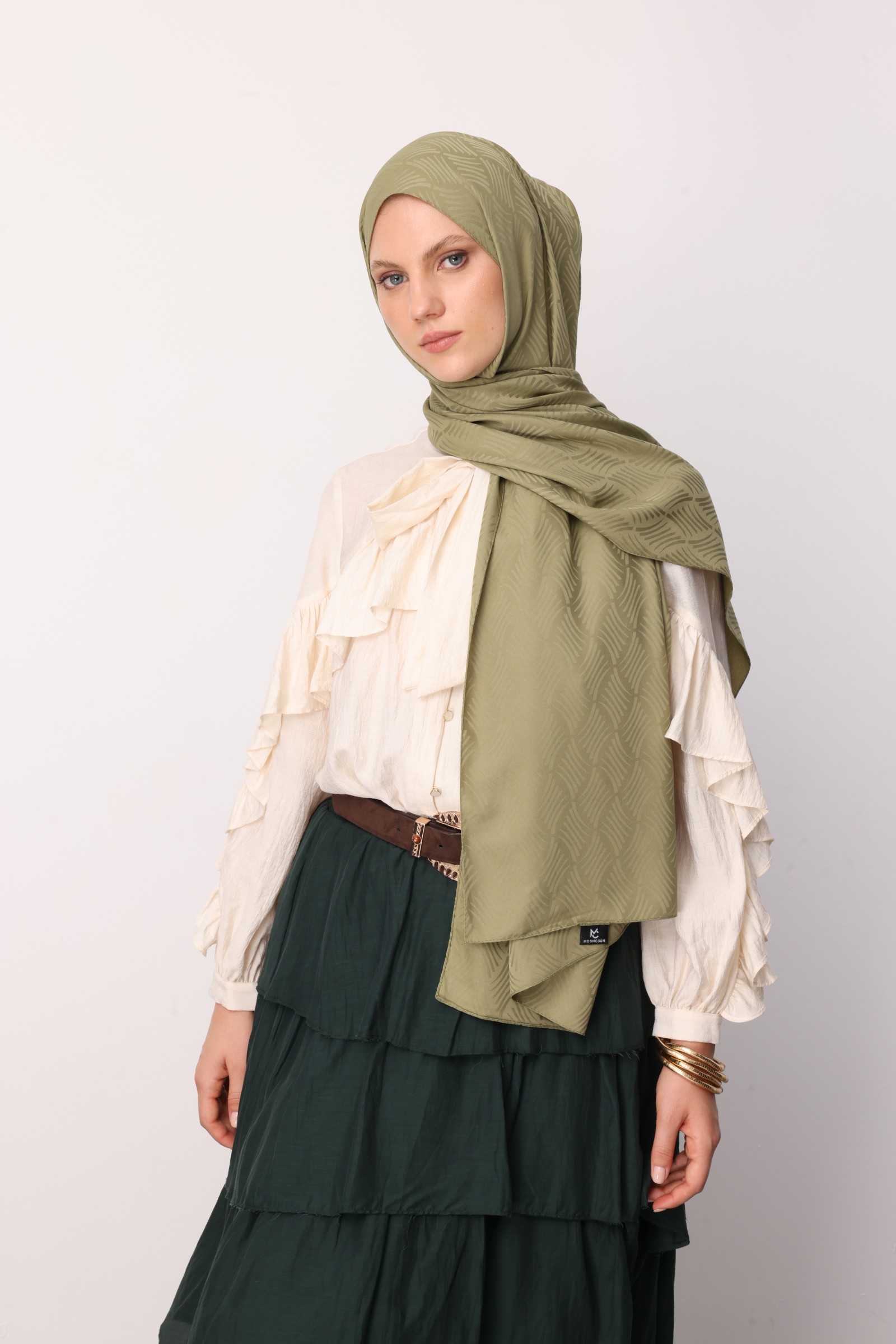 Aura Pattern Silk Jacquard Shawl - Soft Green