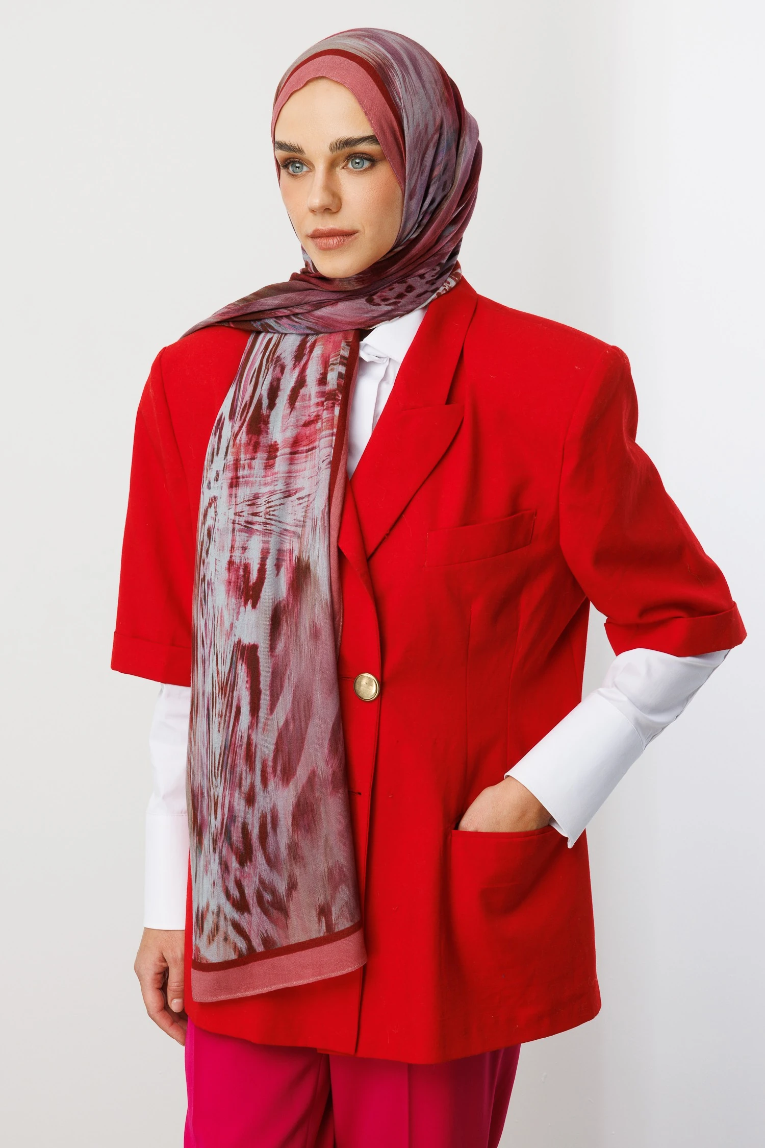 Leopar Desen Rami Şal - Burgundy