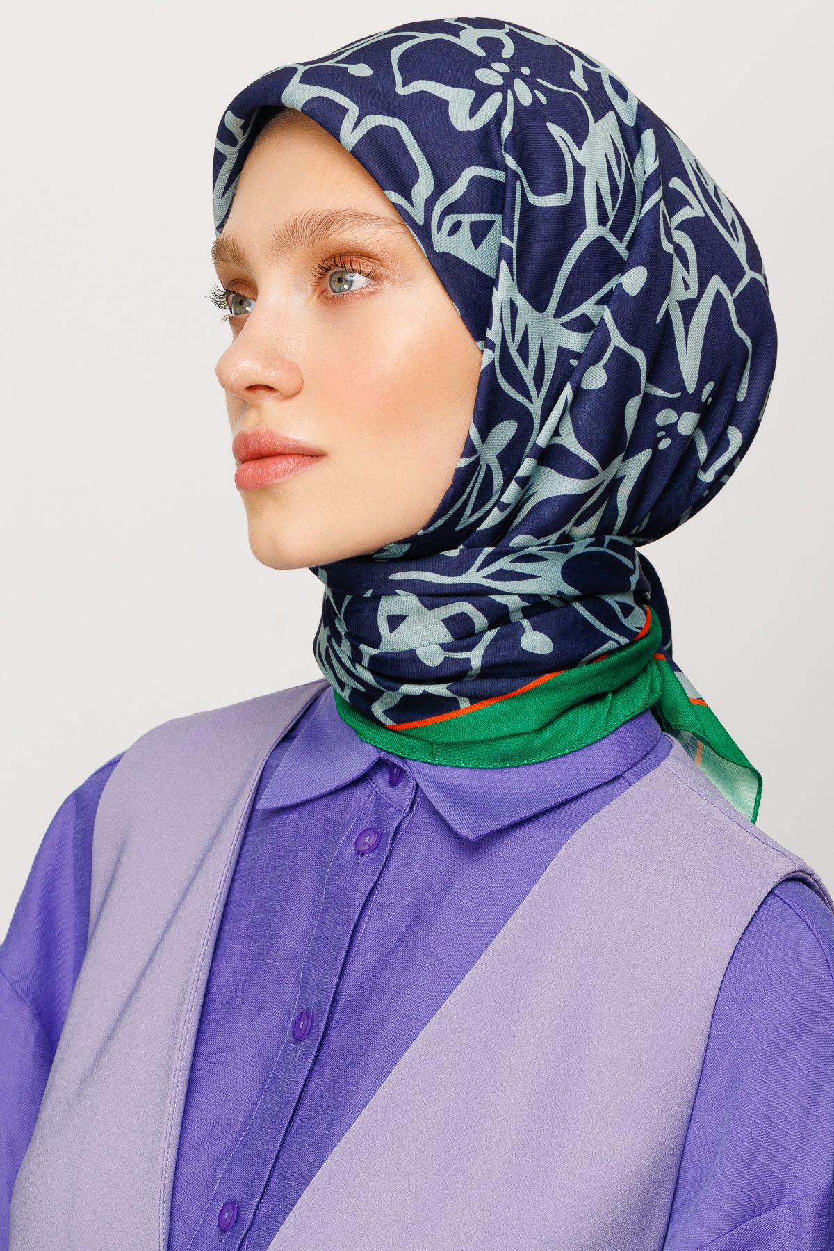 Floral Desen Dijital Soft Eşarp - Lacivert
