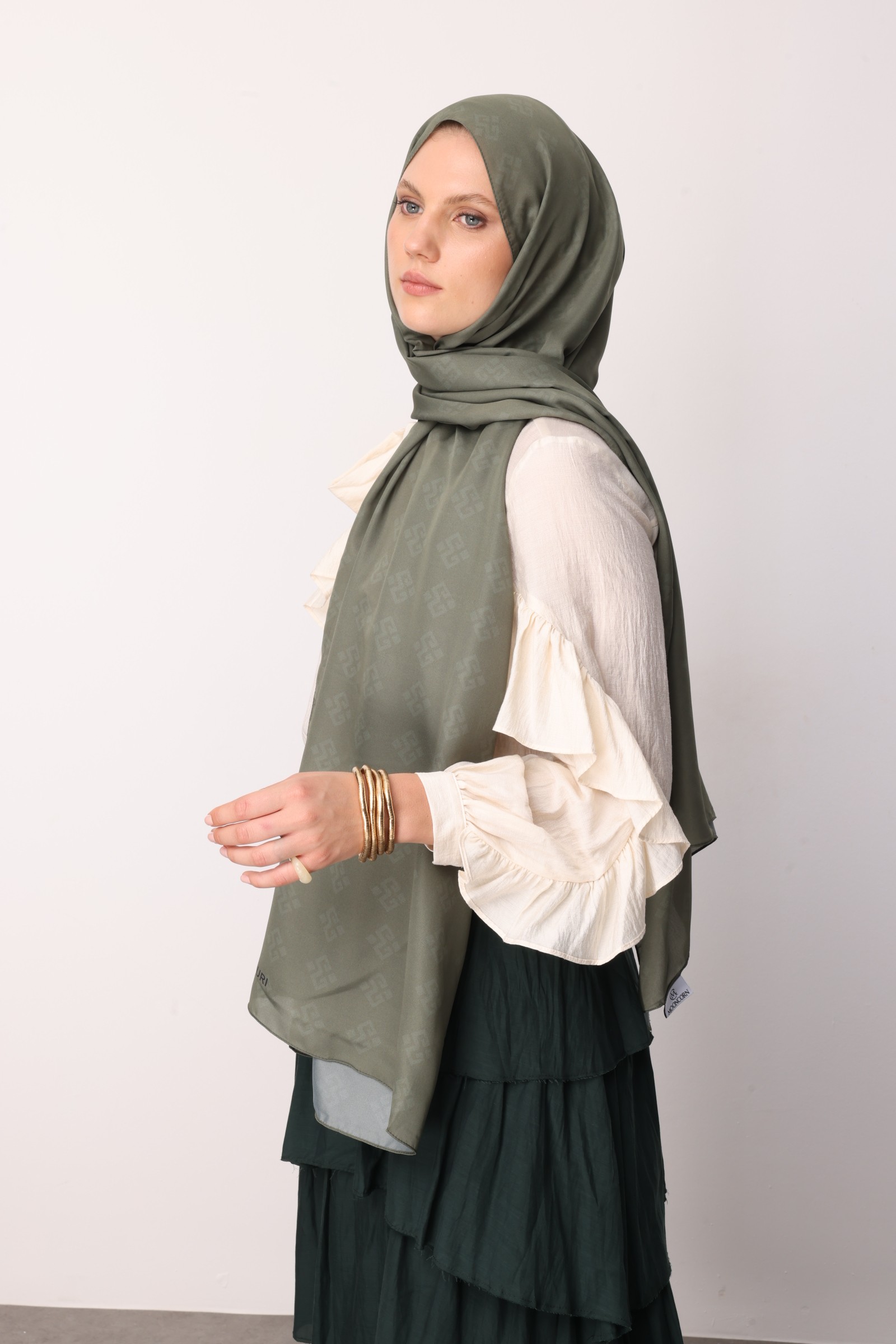 Elibelinde Desen Sakura İpek Şal - Haki