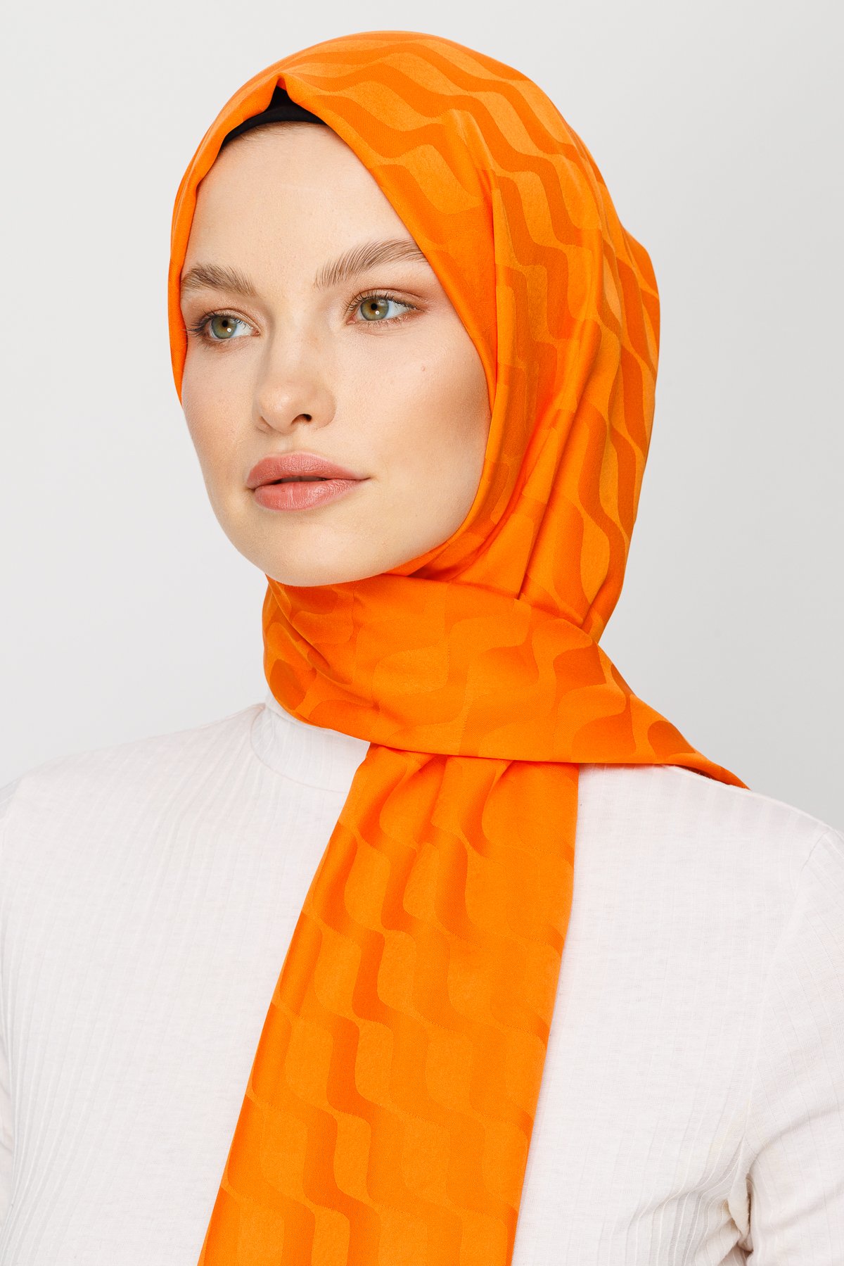 Wave Pattern Silky Jacquard Shawl - Turuncu