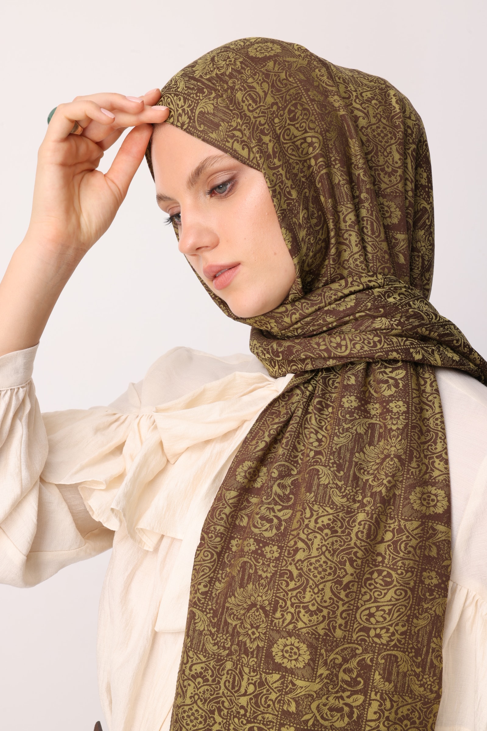 Henna Desen Çift Taraflı Şal - Acı Kahve-Somon