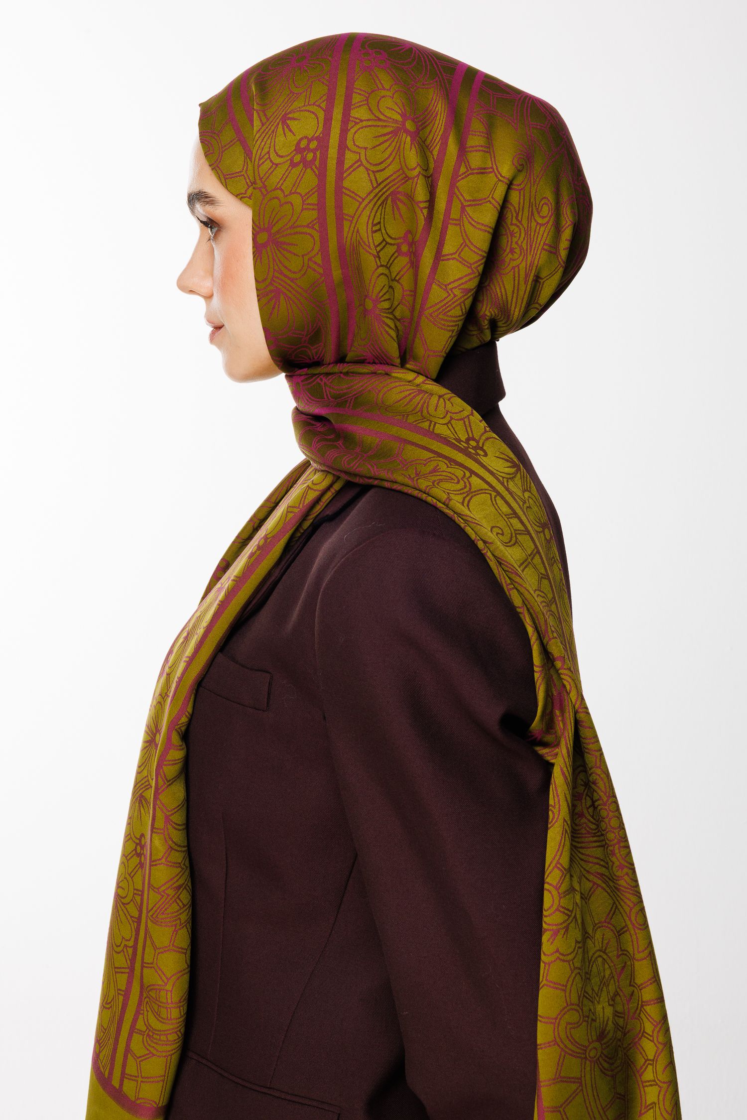 Lavin Pattern Double-Sided Shawl - Fat Green-Damson