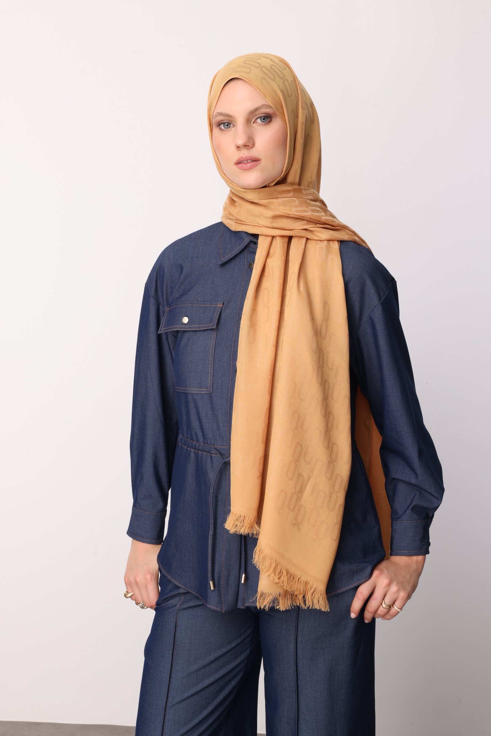 Chain Pattern Cotton Jacquard Shawl - Mustard