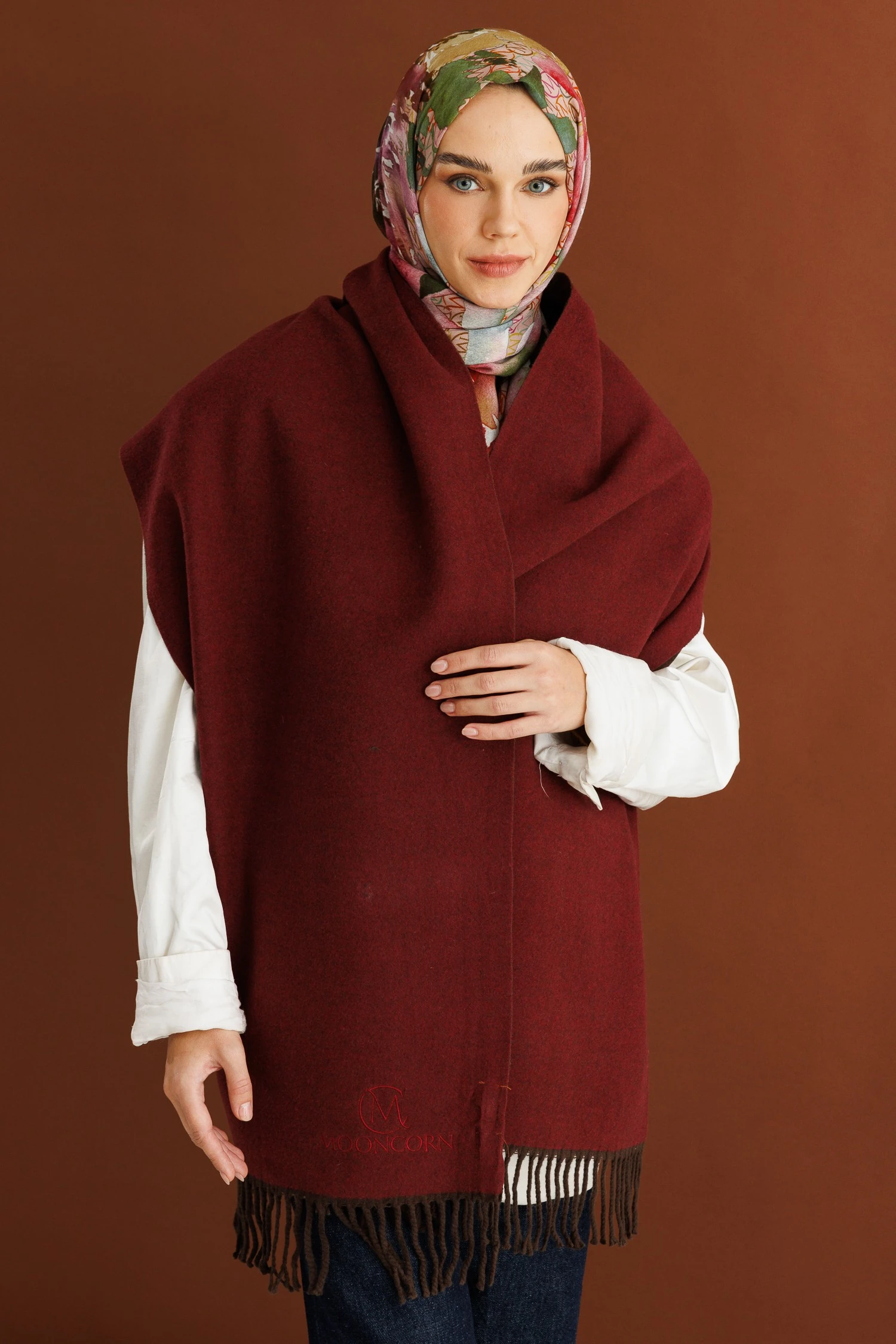 Çift Taraflı Yün Atkı - Acı Kahve Bordo