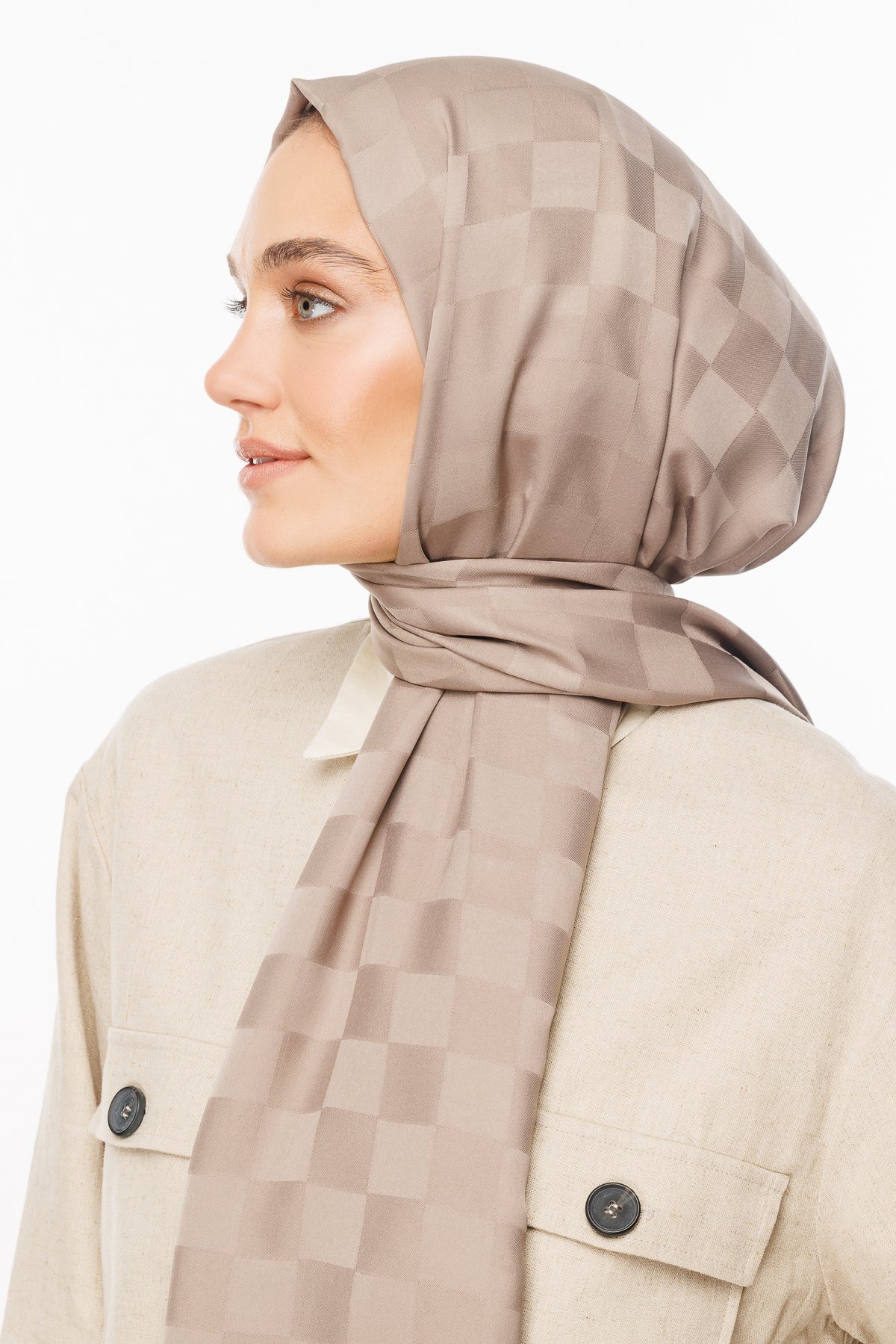Checkers Pattern Silk Jacquard Shawl - Mink