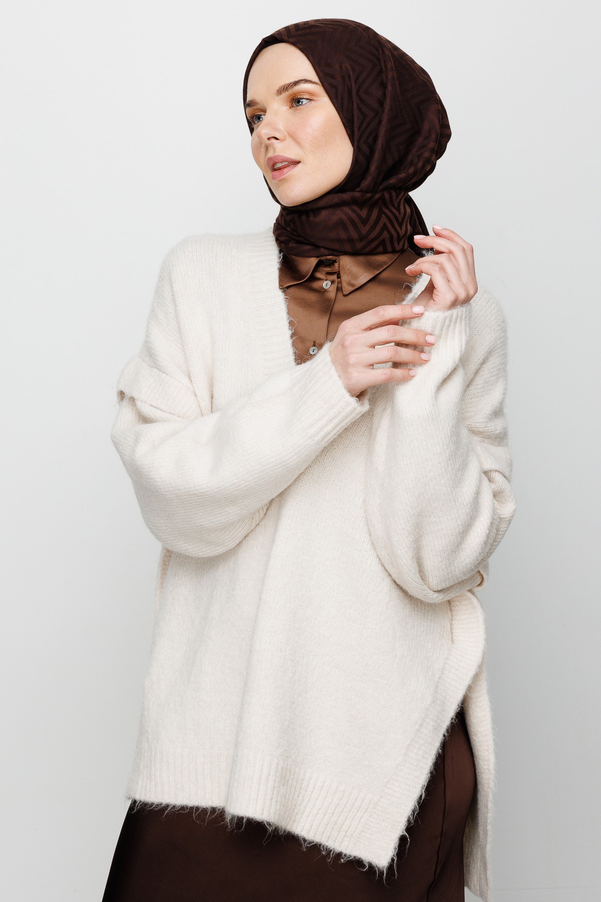 Zigzag Pattern Cotton Jacquard Shawl - Bitter Coffee