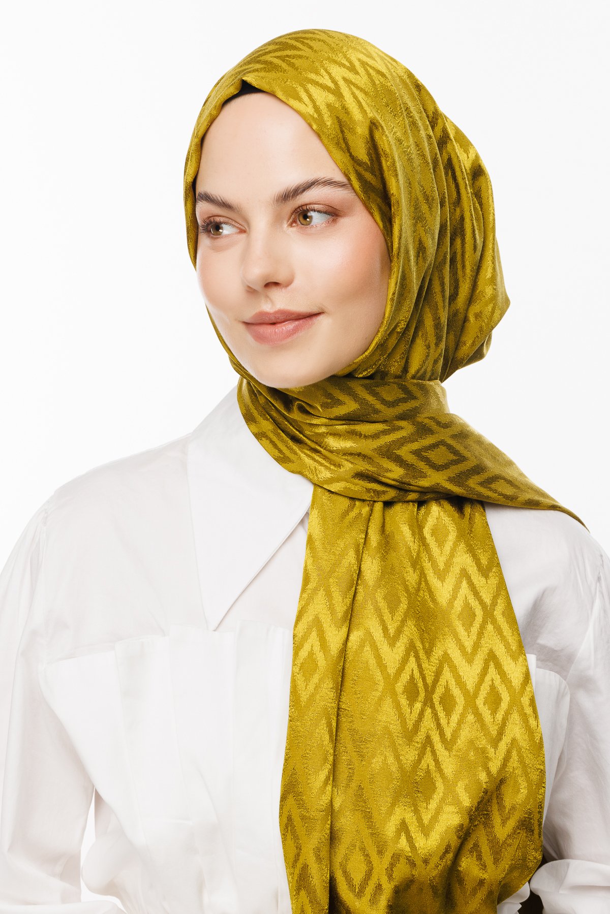 Karo Pattern Shiny Jacquard Shawl - Olive Green