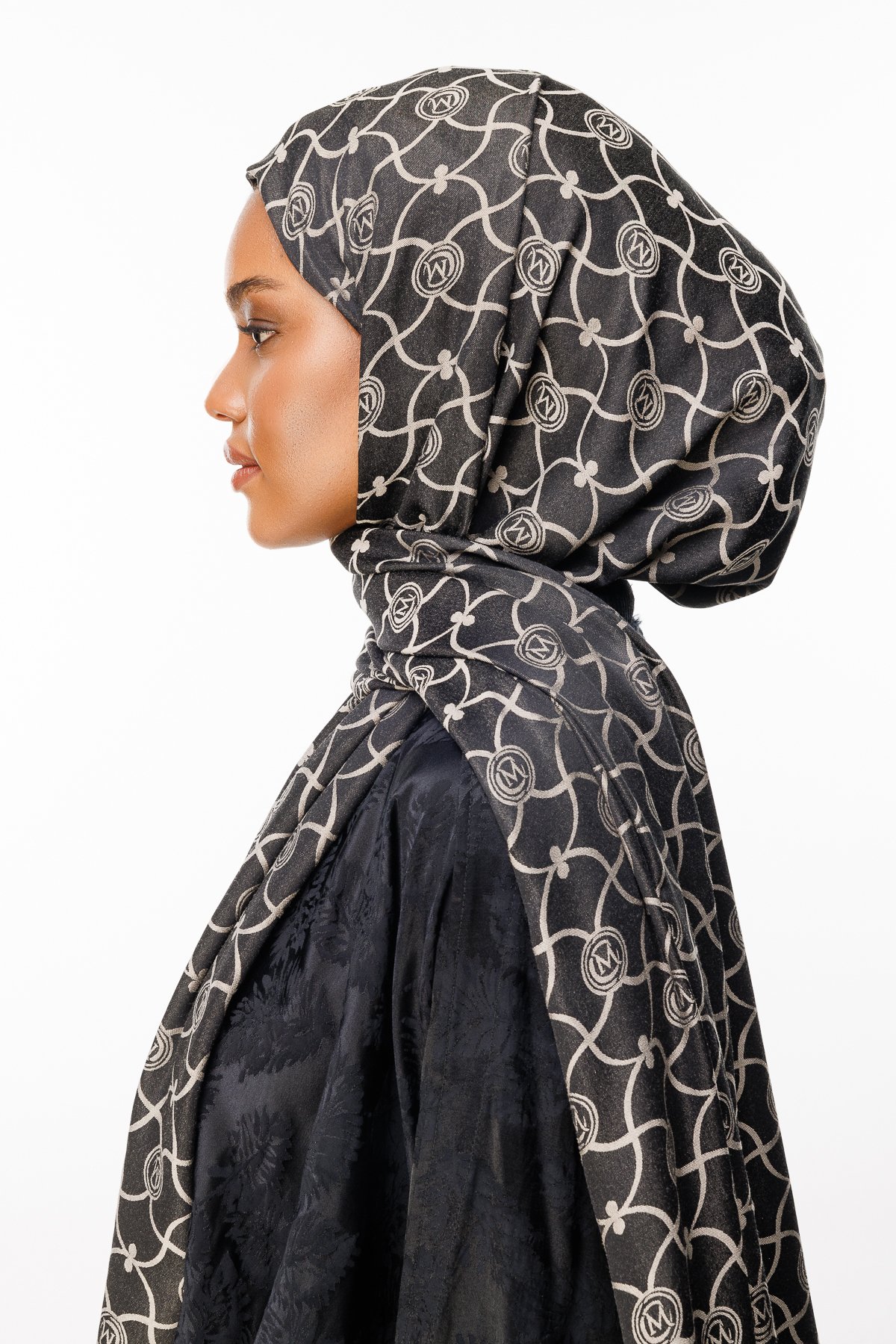 Marrakech Pattern Double-Sided Shawl - Black-Beige