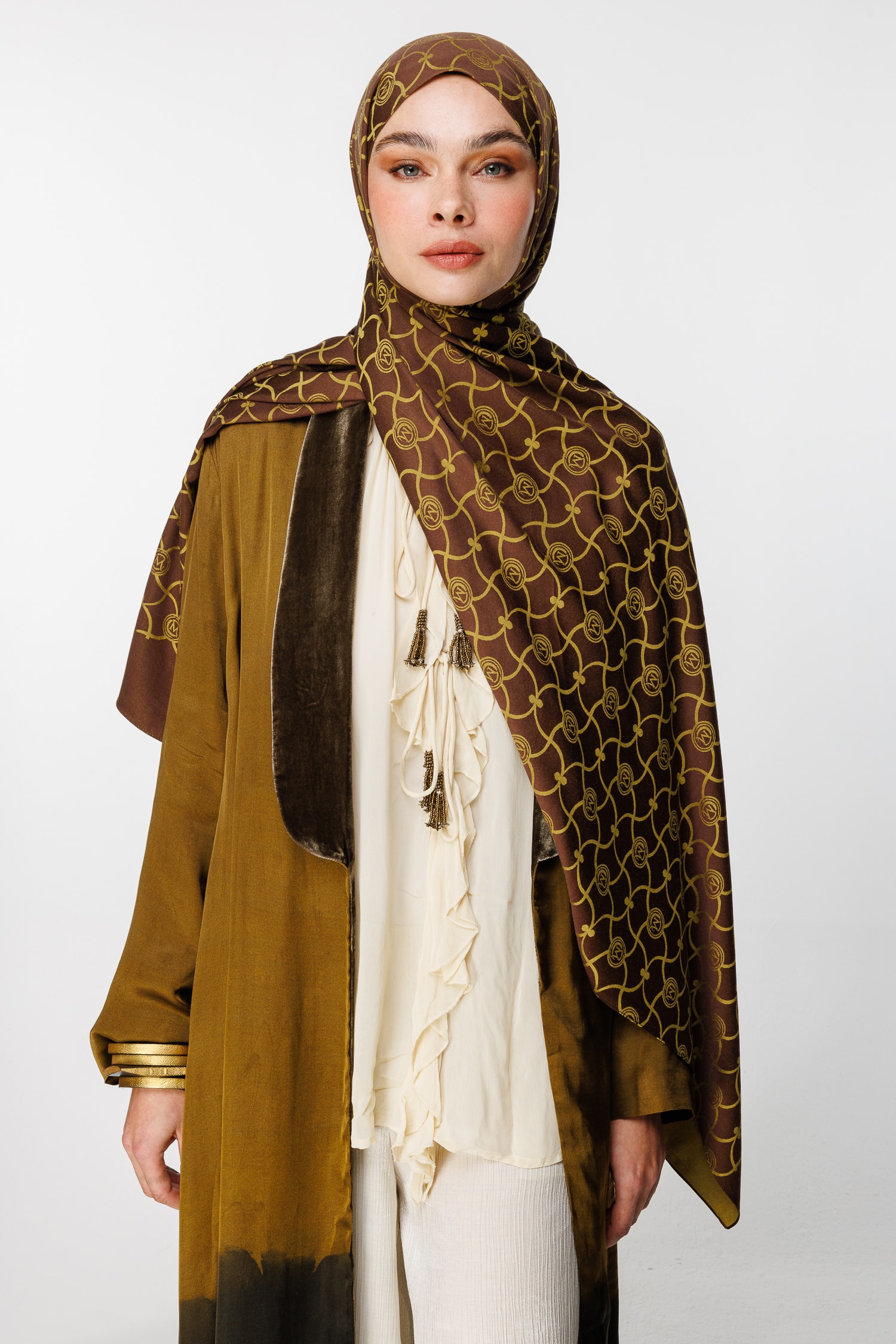 Marrakech-Pattern Reversible Shawl - Bitter Coffee-Salmon