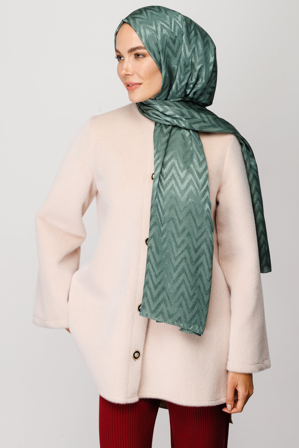 Zigzag Pattern Shiny Jacquard Shawl - Mold Green