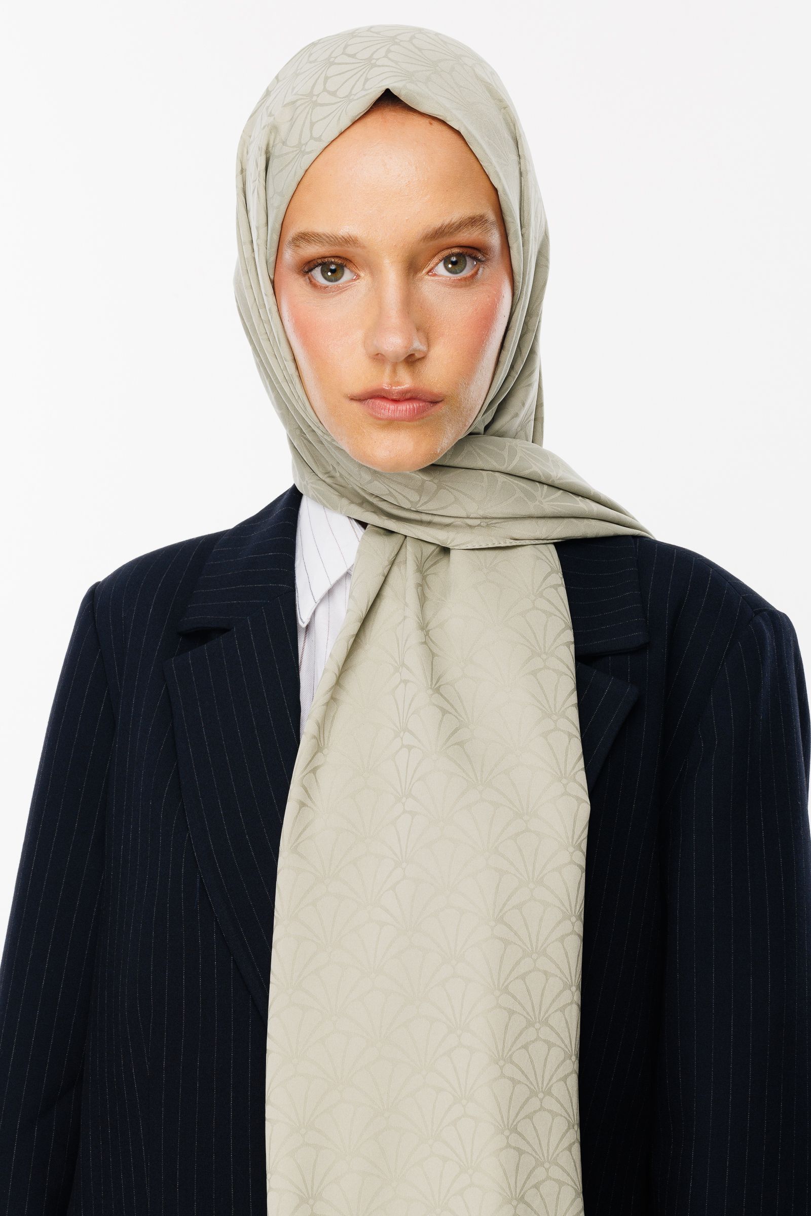 Lotus Pattern Silk Jacquard Shawl - Sage