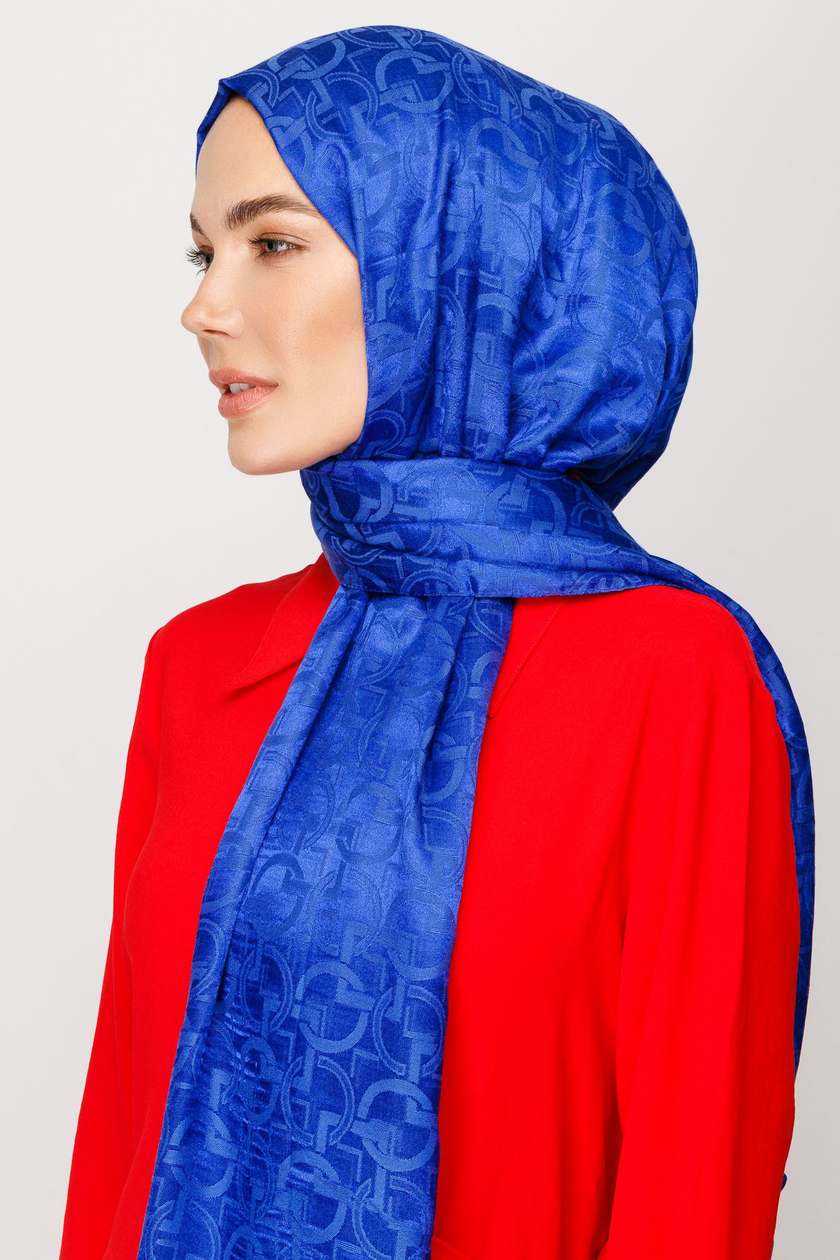 Longar Pattern Shiny Jacquard Shawl - Sax Blue