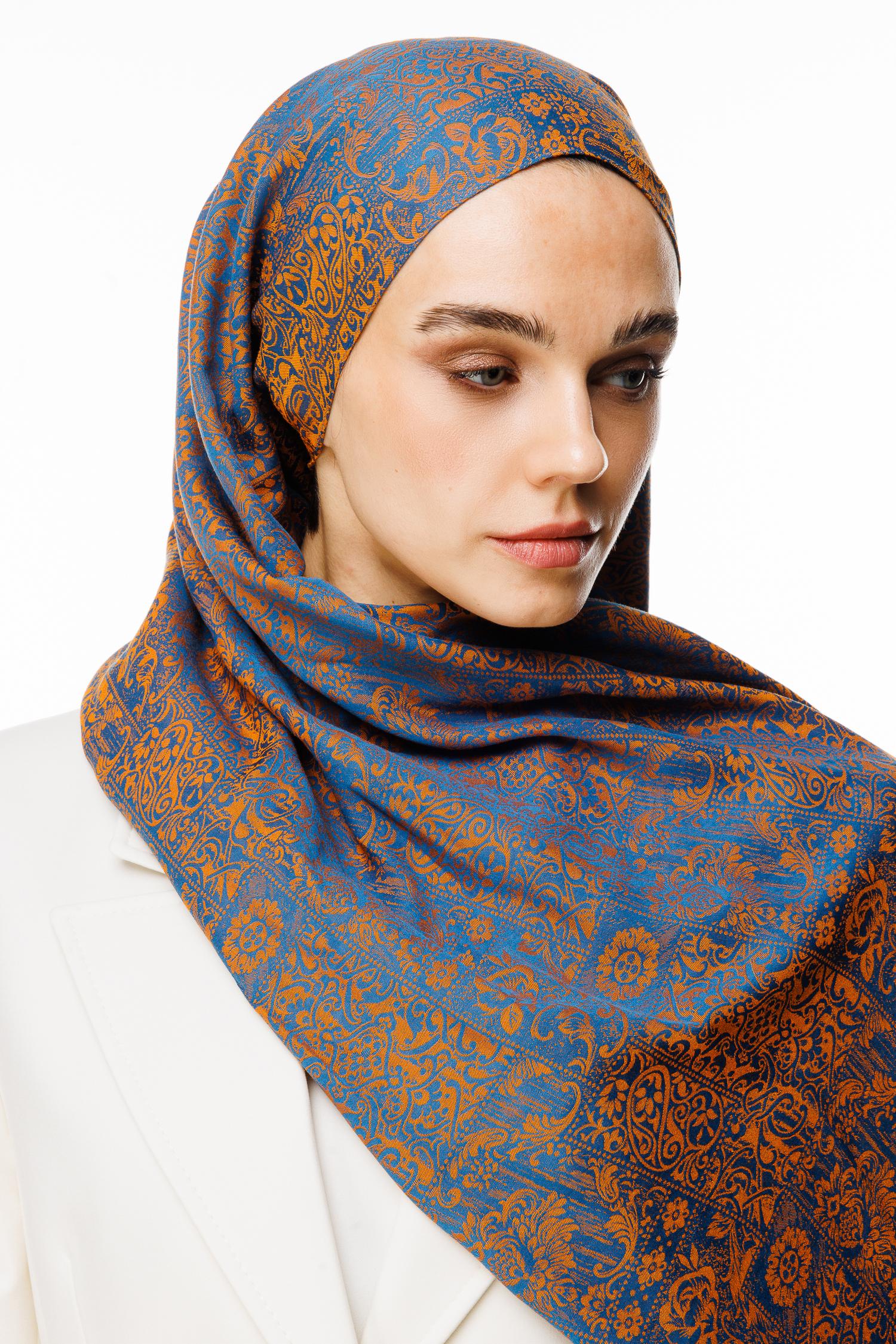 Henna Pattern Double-Sided Shawl - Petrol Blue-Orange