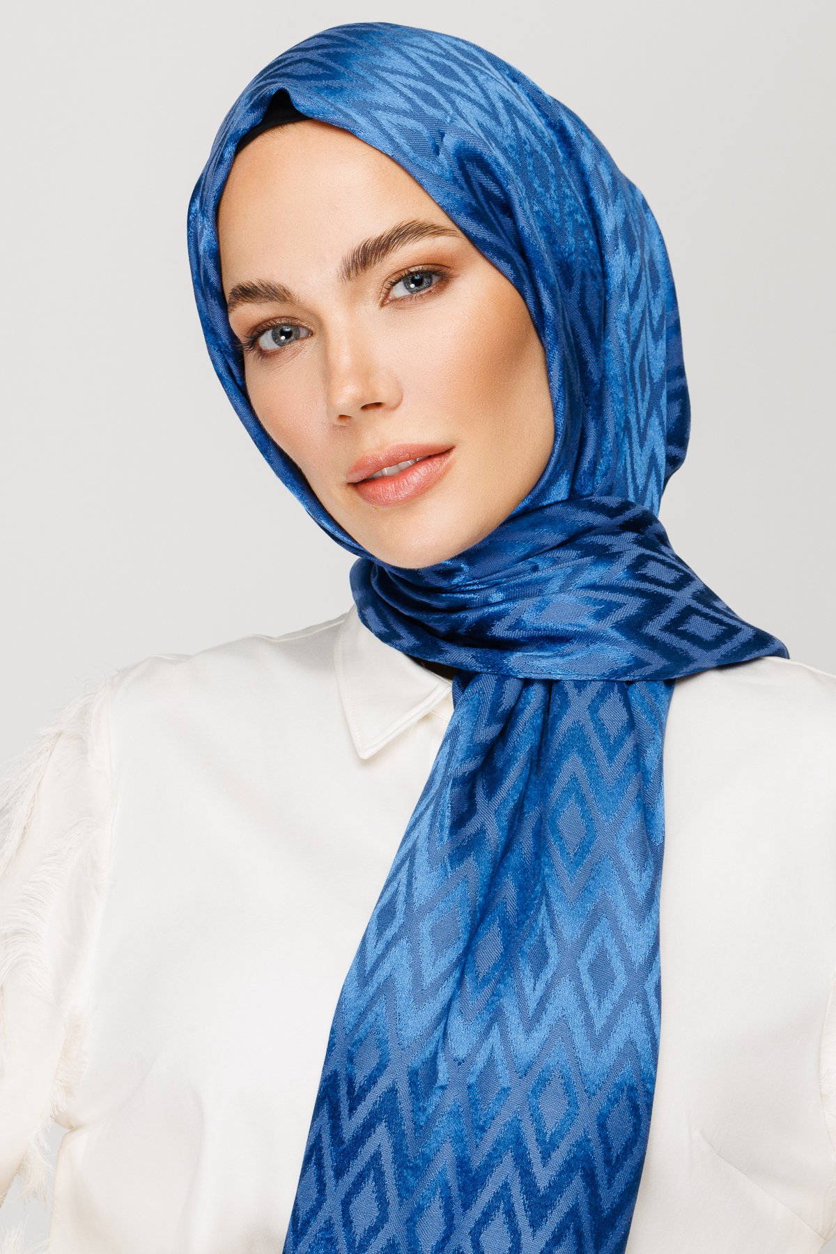Karo Pattern Shiny Jacquard Shawl - İndigo