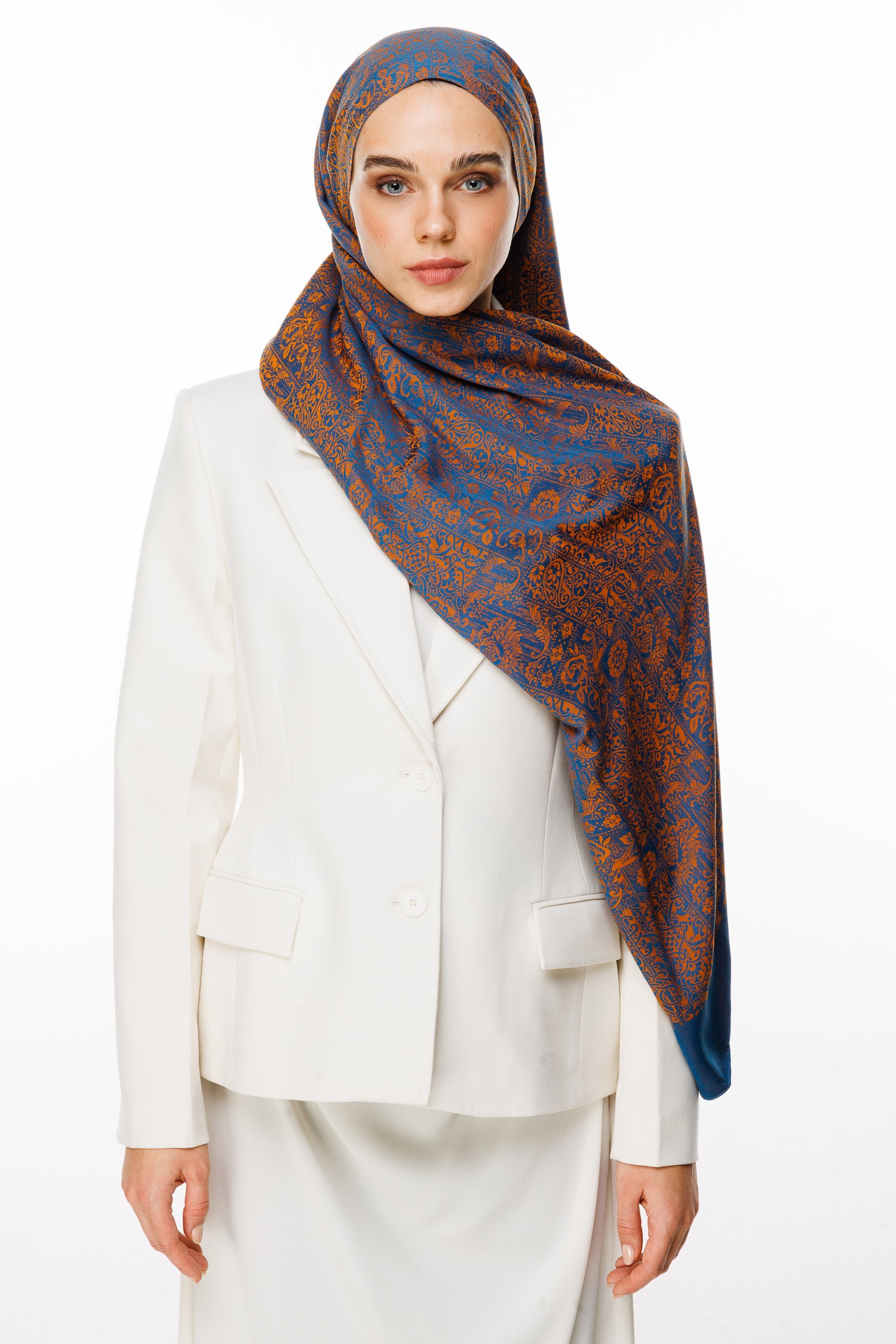 Henna Pattern Double-Sided Shawl - Petrol Blue-Orange