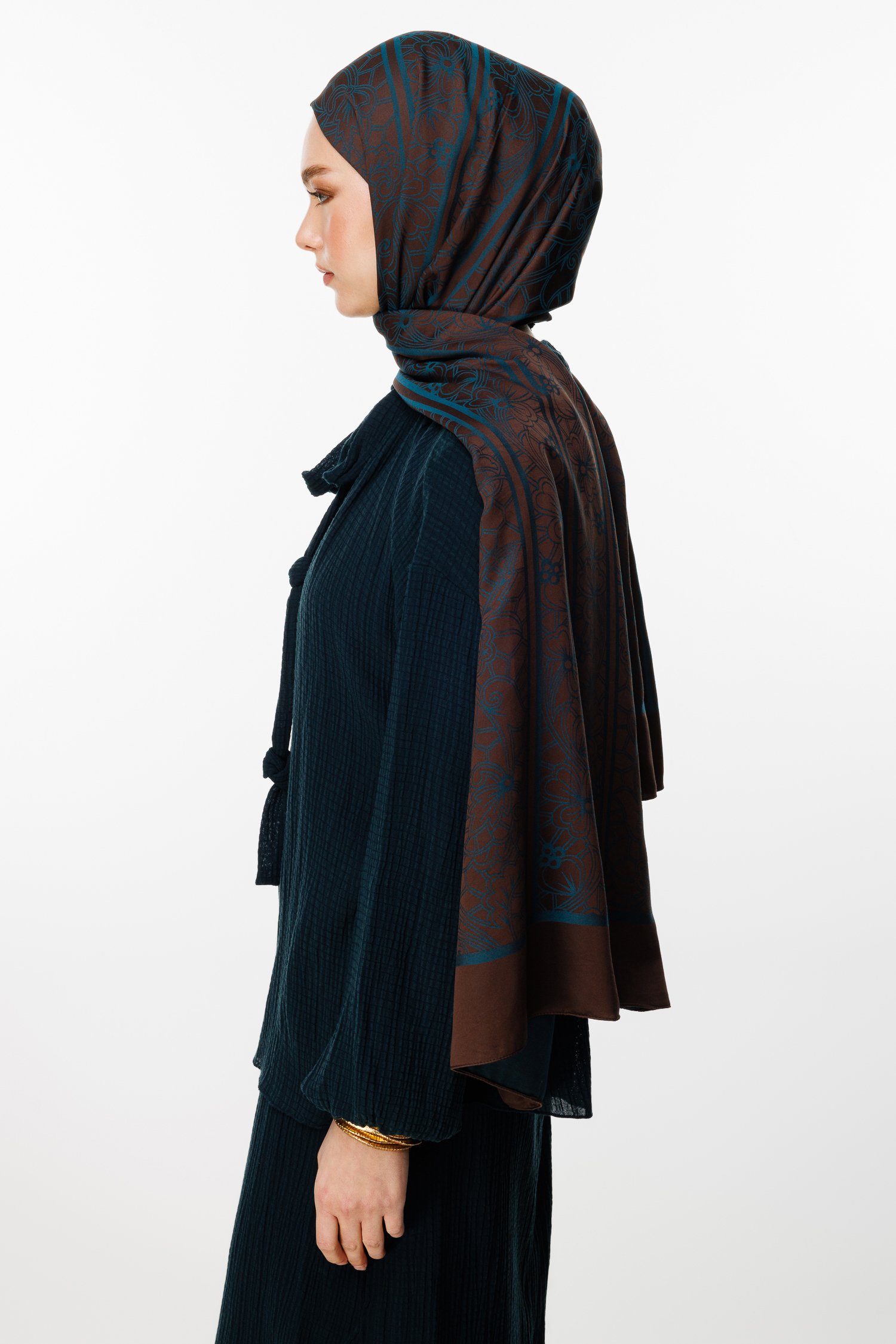 Lavin Pattern Double-Sided Shawl - Bitter Coffee-Petroleum Blue
