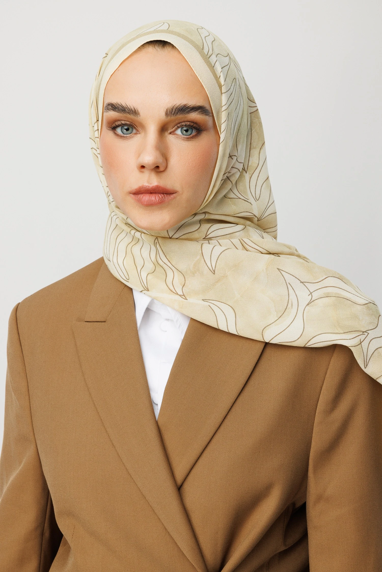 Frond Desen Hebei İpek Şal - Cream