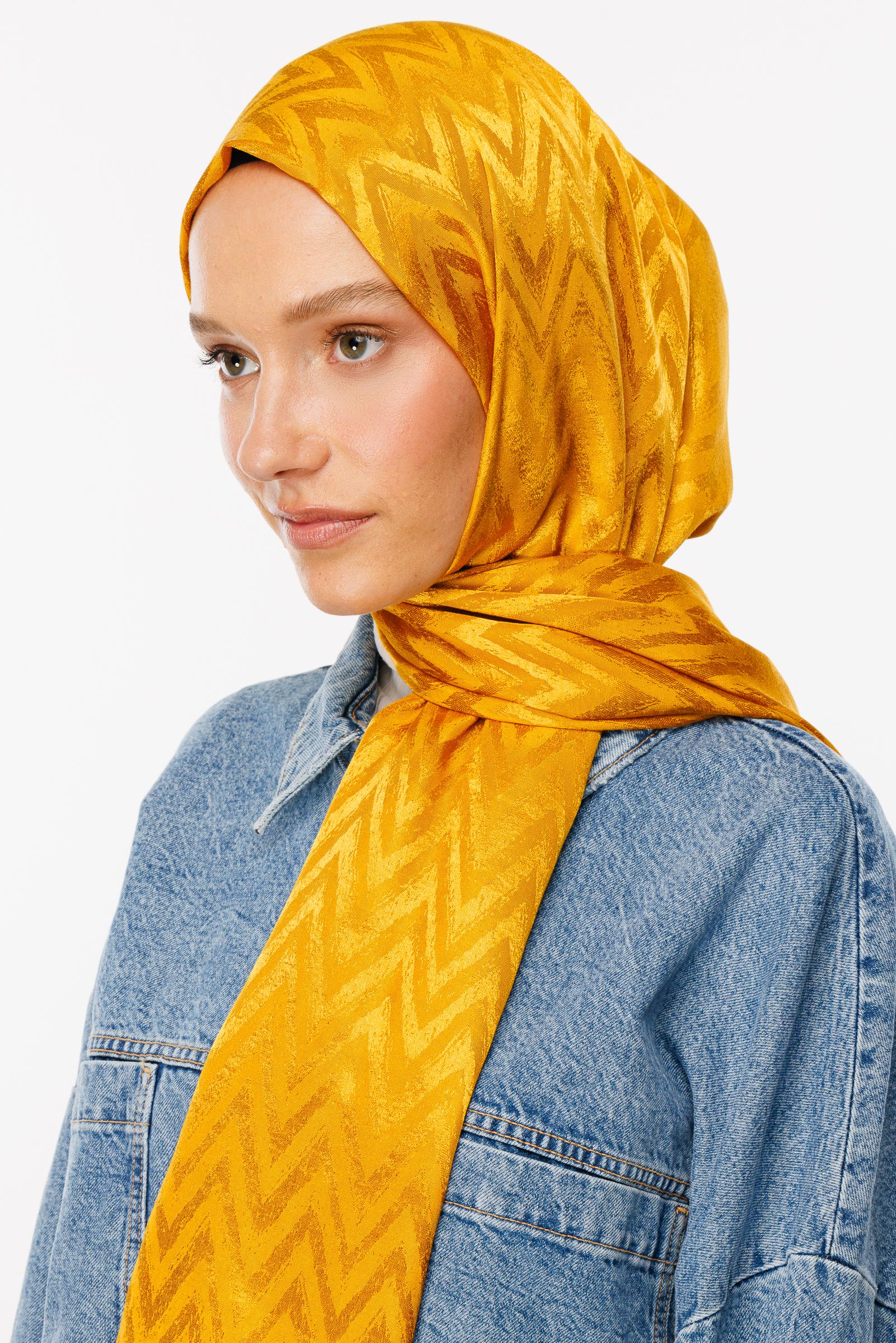 Zigzag Pattern Shiny Jacquard Shawl - Saffron