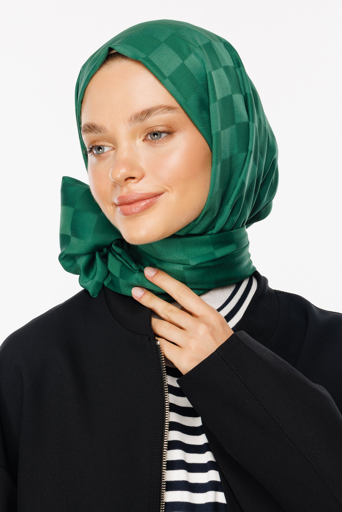 Checkers Pattern Silk Jacquard Shawl - Jade