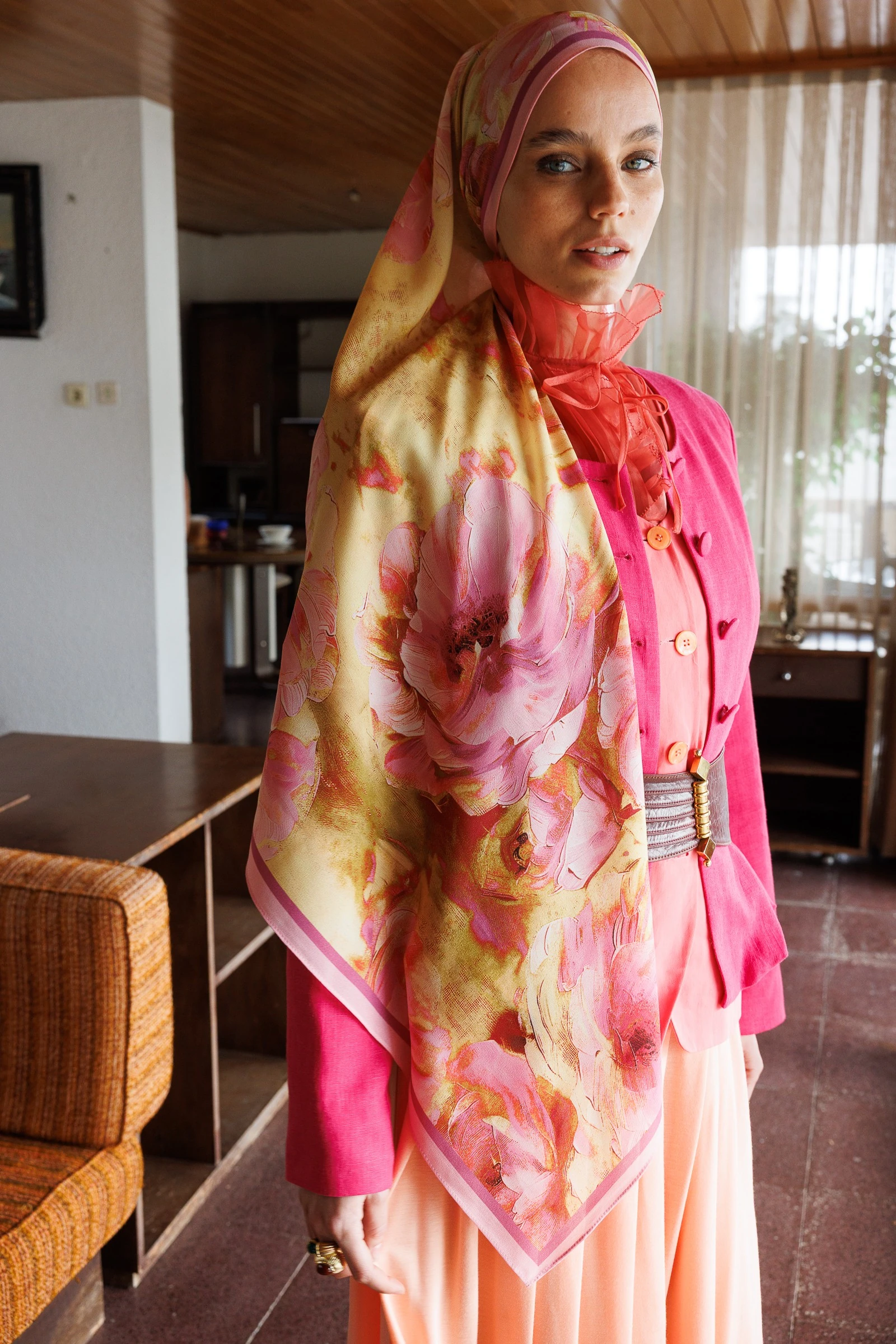 Rose Desen Hebei İpek Şal - Pembe