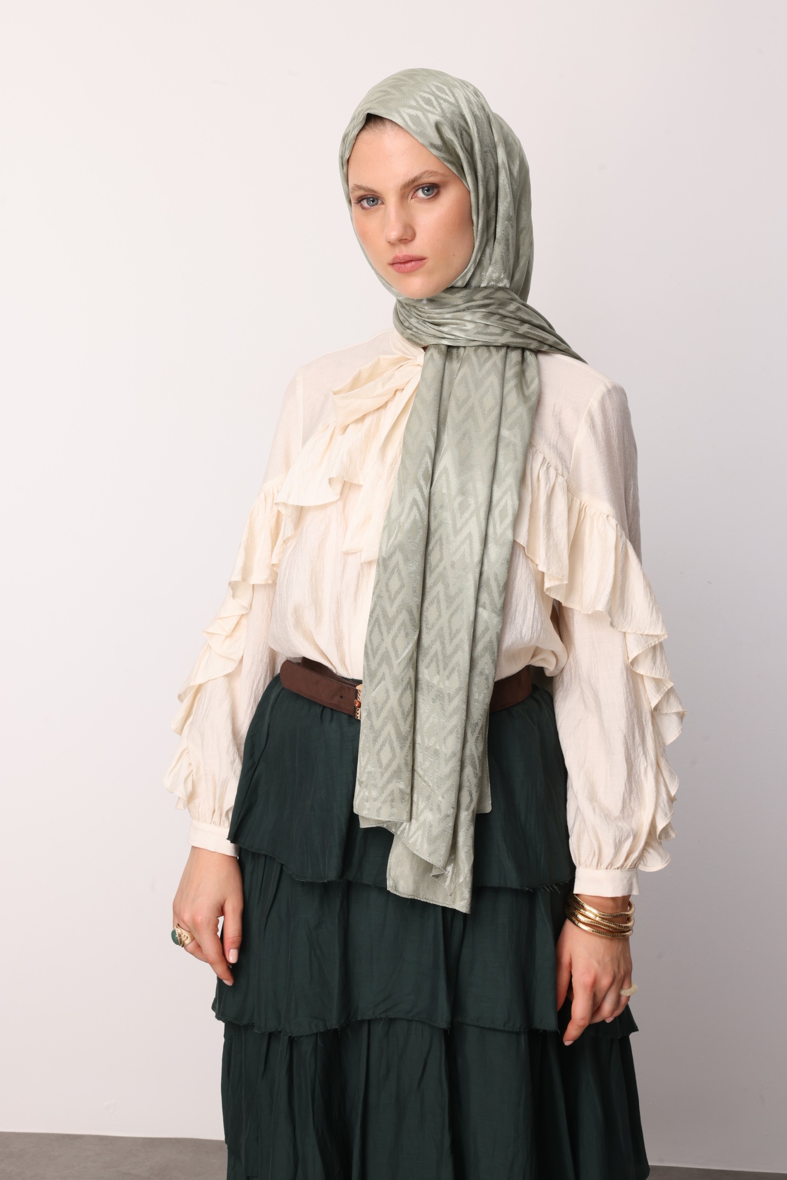 Shiny Check-Pattern Jacquard Shawl - Sage