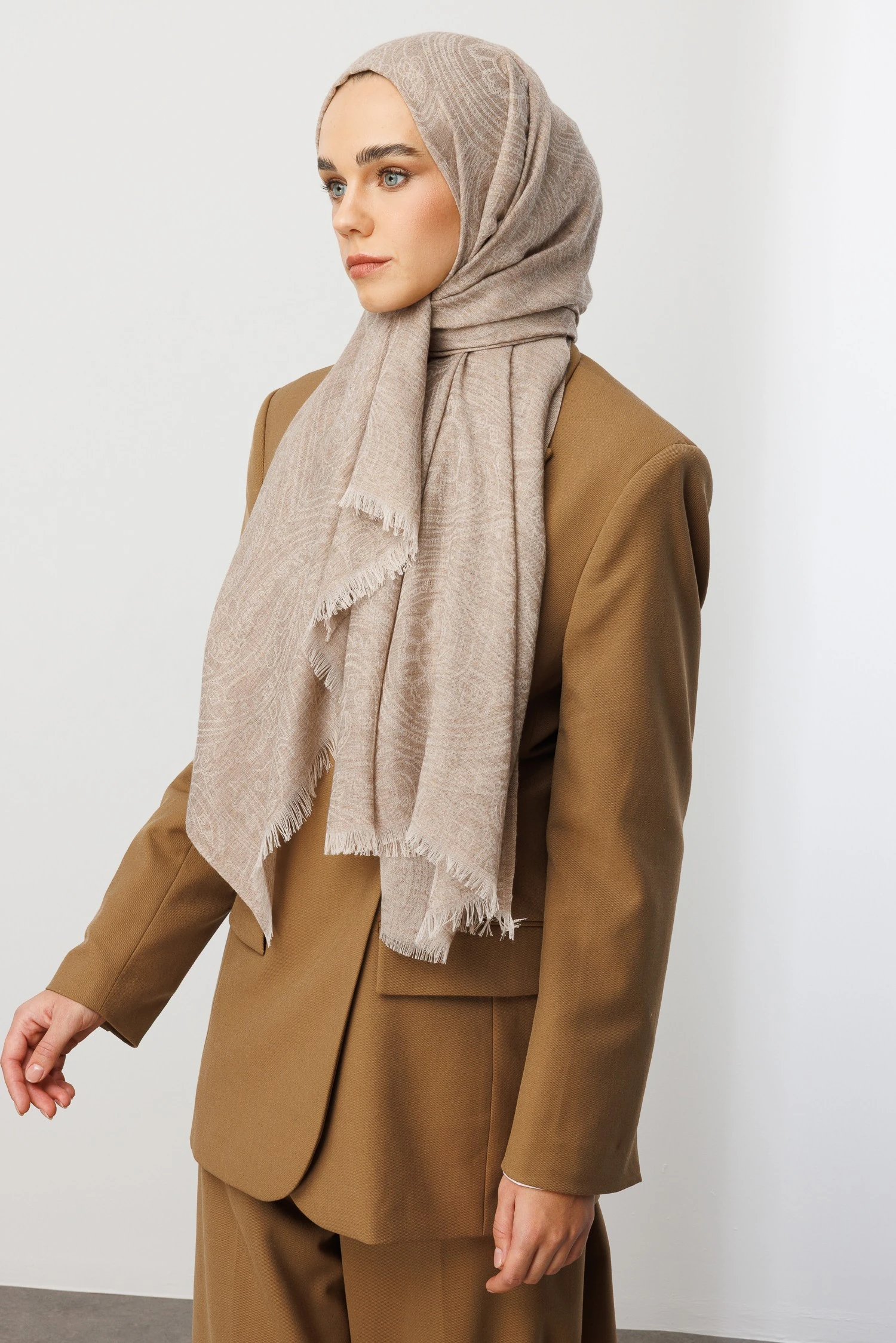 Rumi Desen Yün Kaşmir Şal - Beige