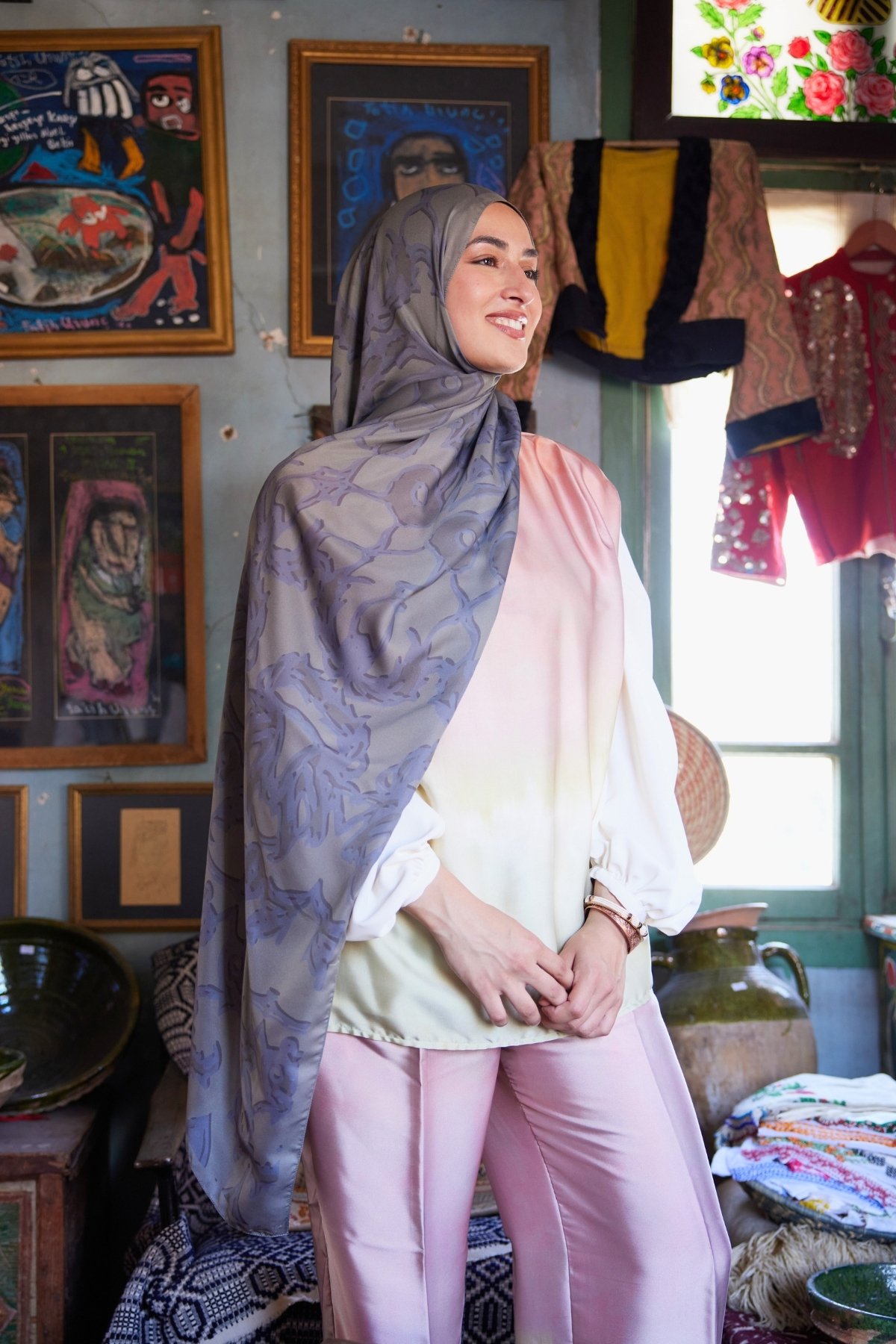 Yaren Desen Sakura İpek Şal - Light Blue