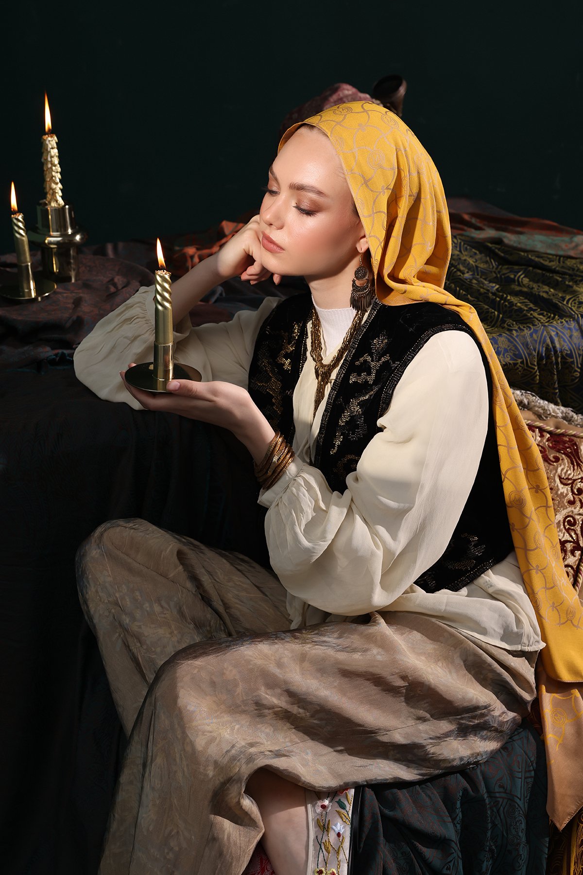 Marrakech Pattern Double-Sided Shawl - Mink-Mustard