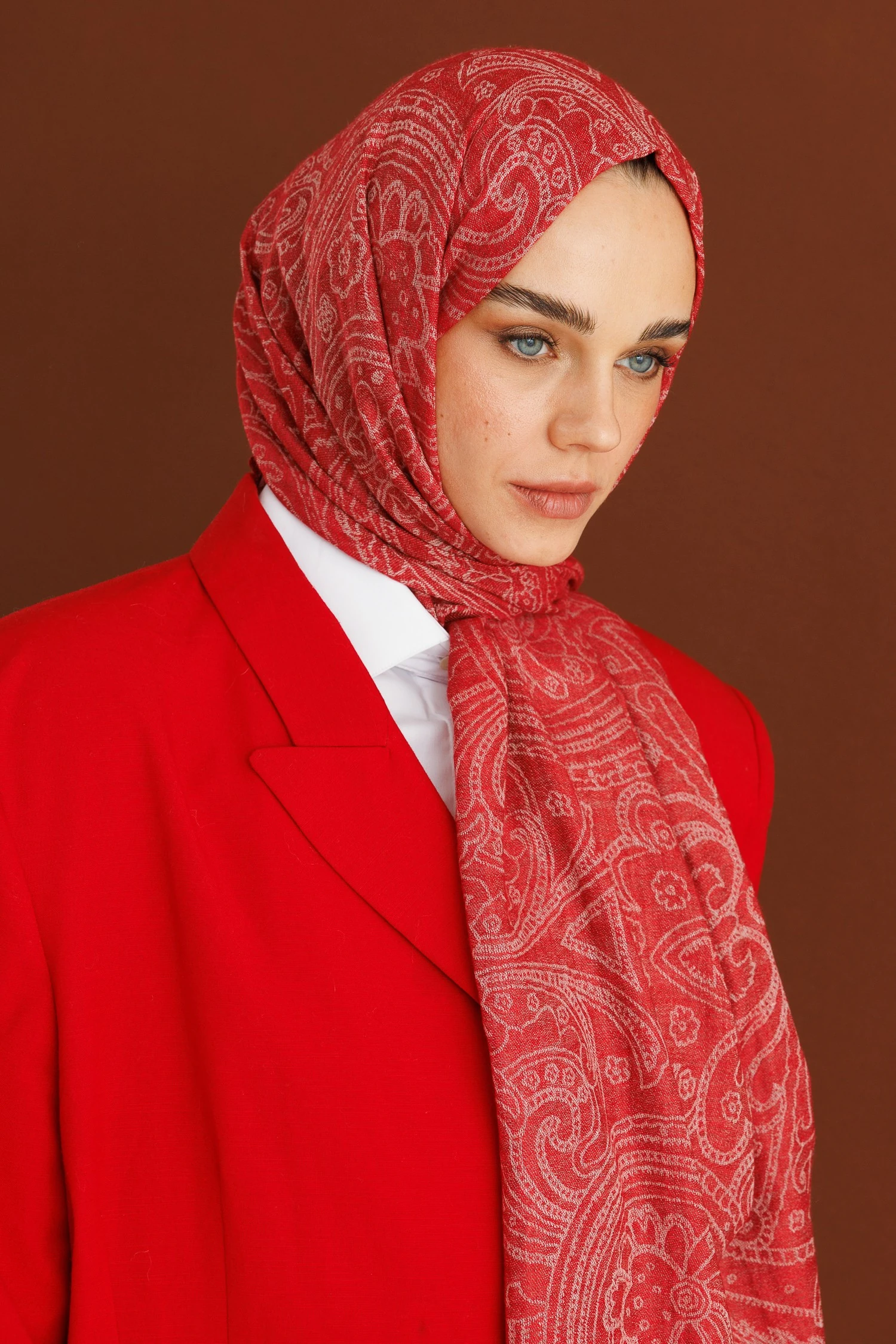 Rumi Desen Yün Kaşmir Şal - Red