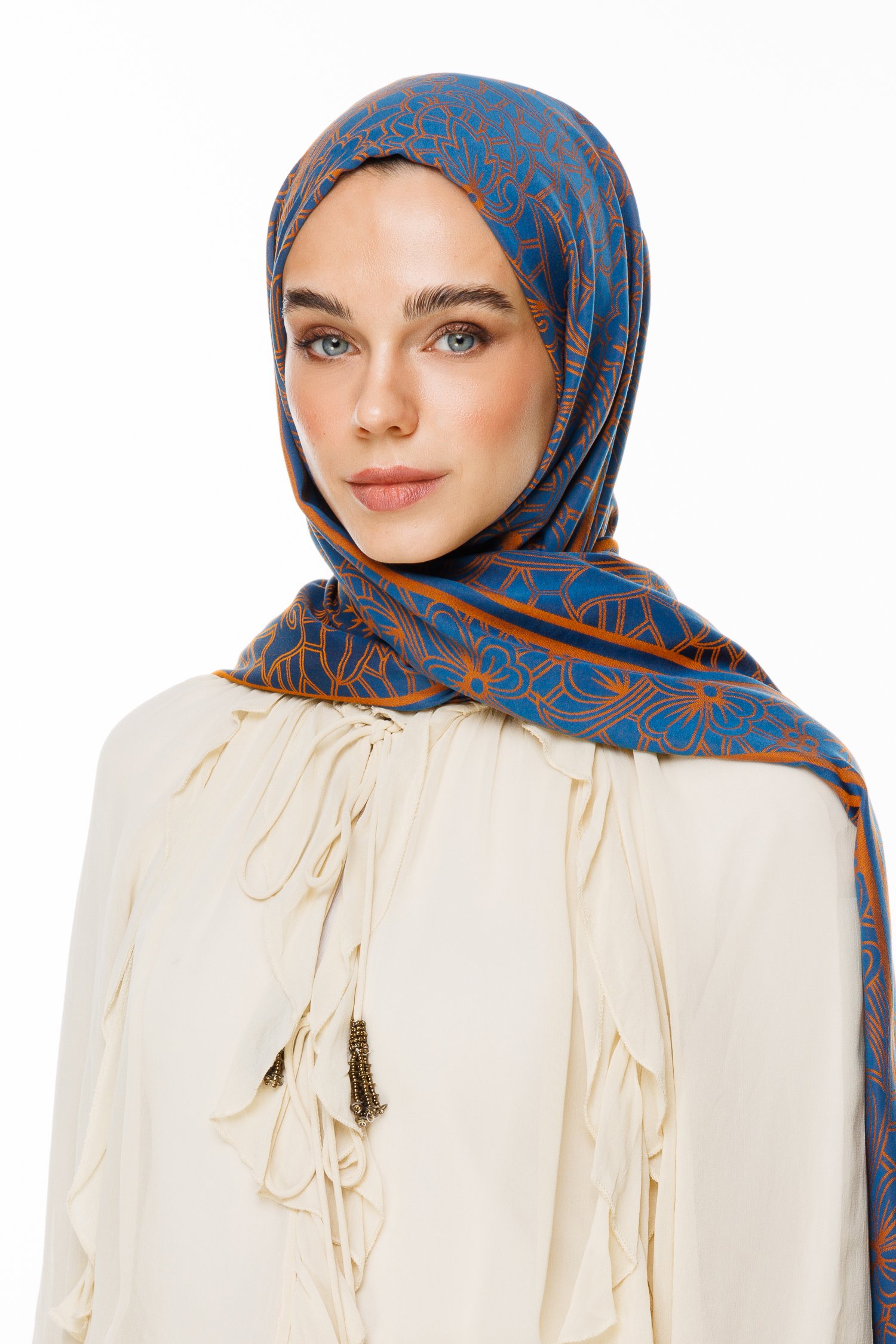 Lavin Pattern Double-Sided Shawl - Petrol Blue-Orange