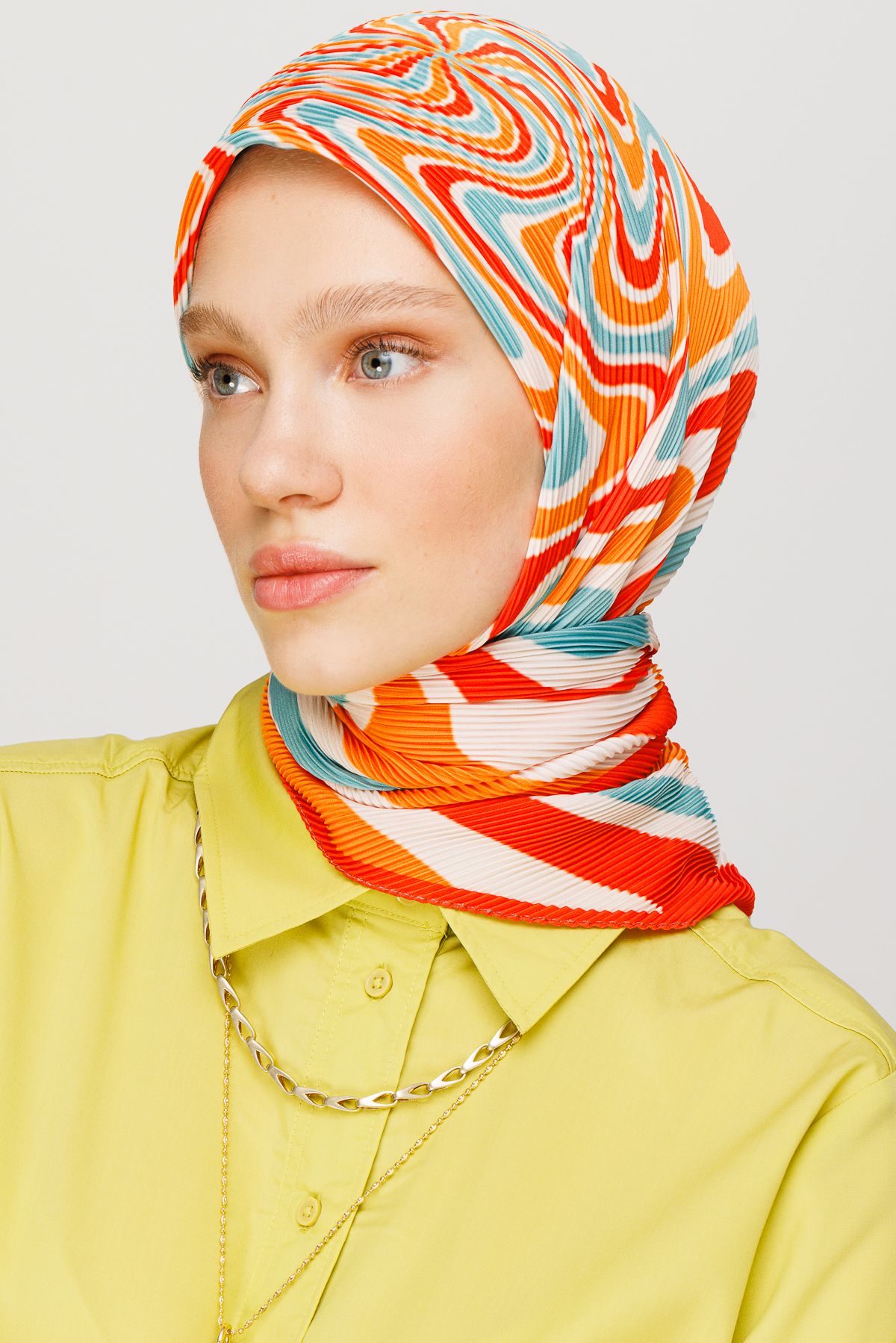 Mira Pattern Pleated Scarf - Turuncu