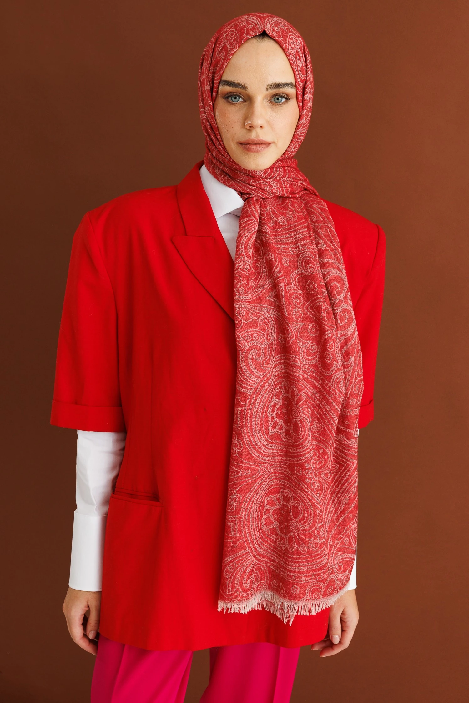 Rumi Desen Yün Kaşmir Şal - Red