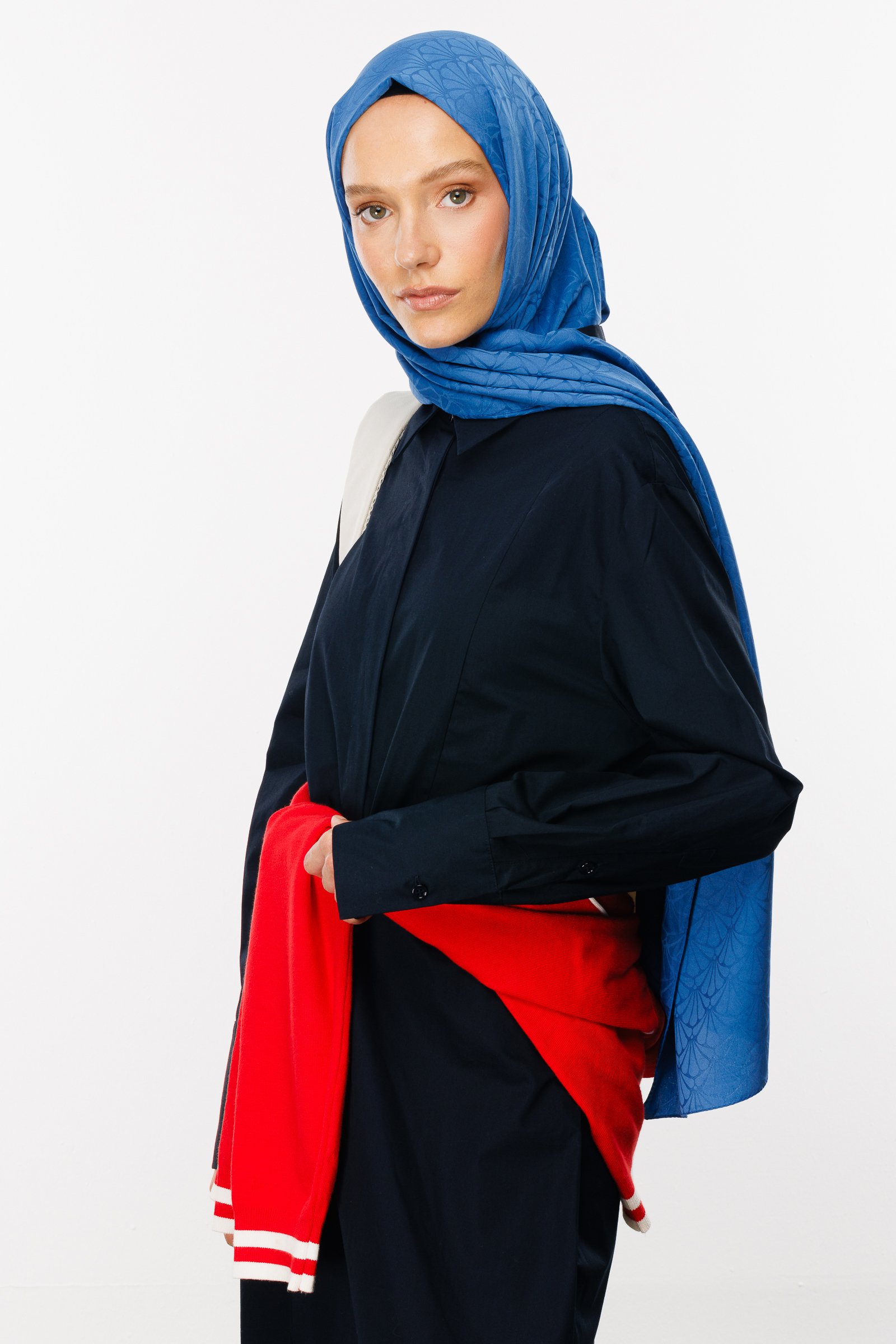 Lotus Pattern Silk Jacquard Shawl - İndigo