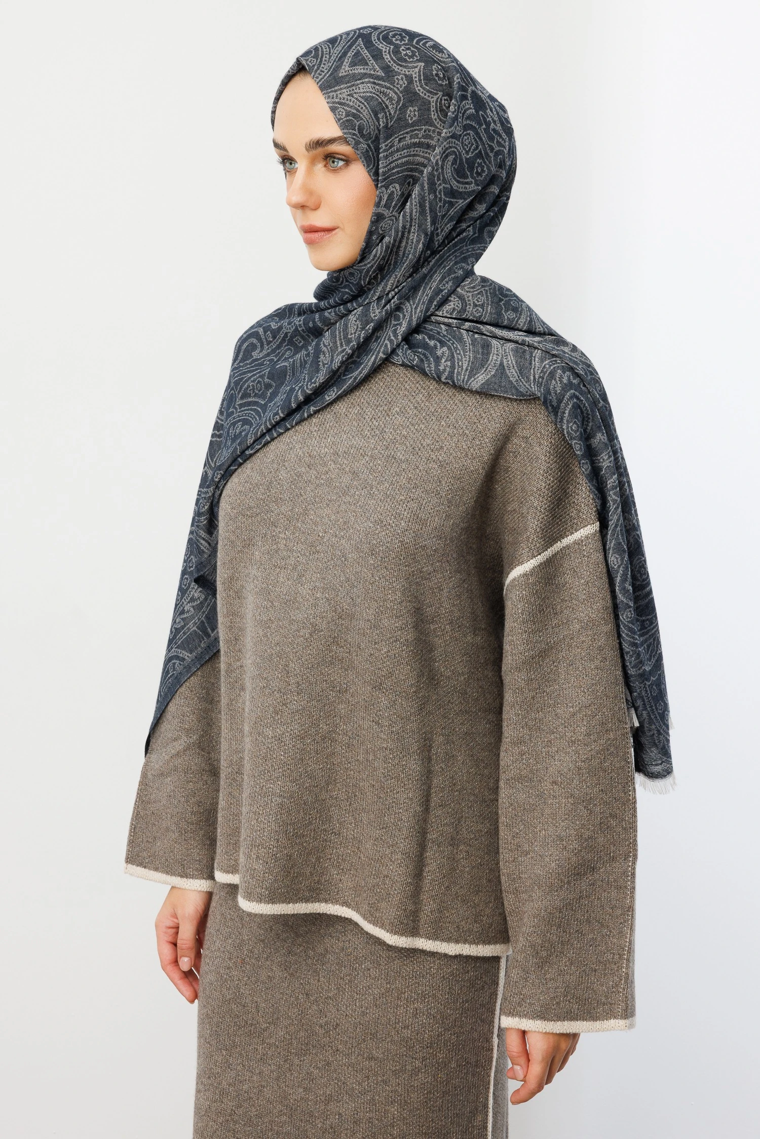 Rumi Desen Yün Kaşmir Şal - Navyblue