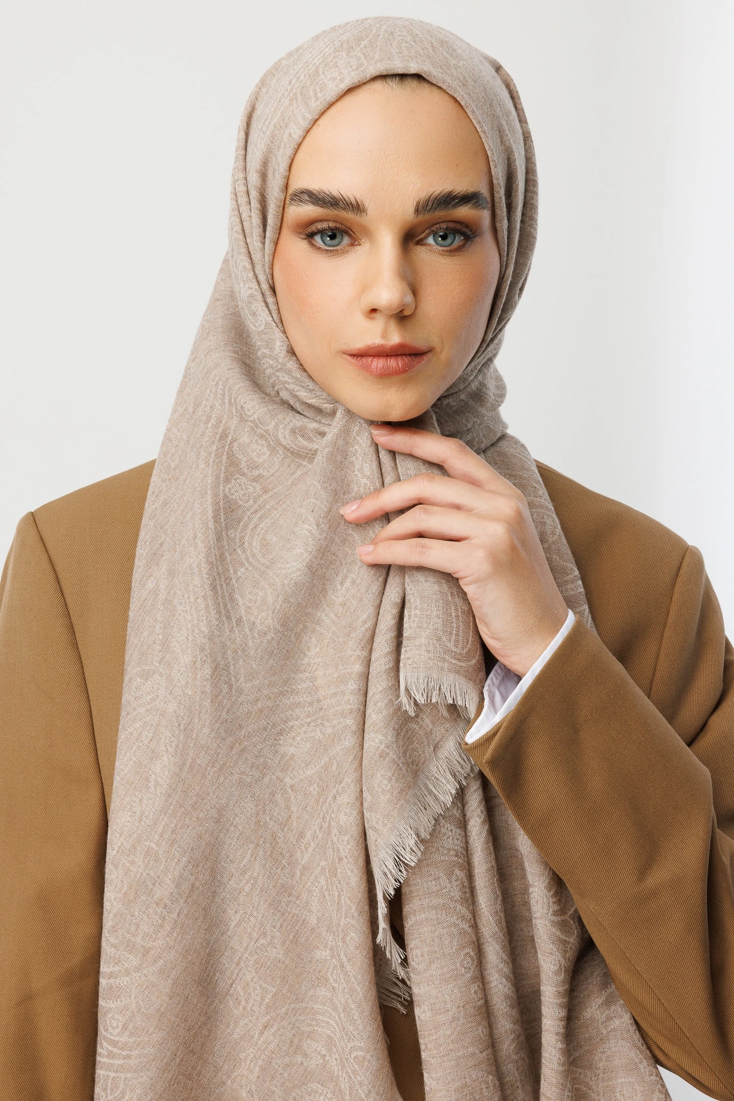 Rumi Desen Yün Kaşmir Şal - Beige