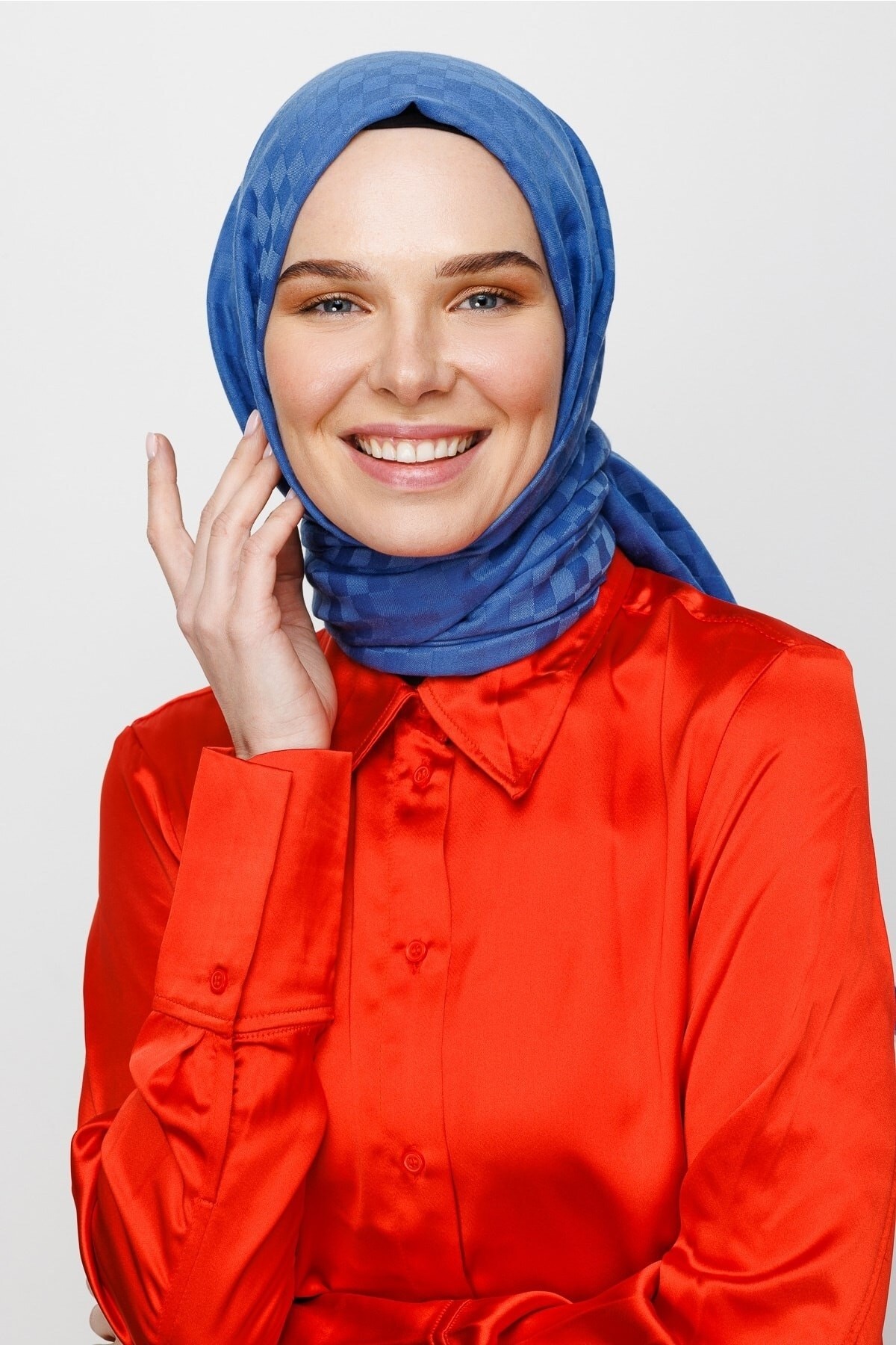 Mavi Kare Desen Pamuk Jakar Şal